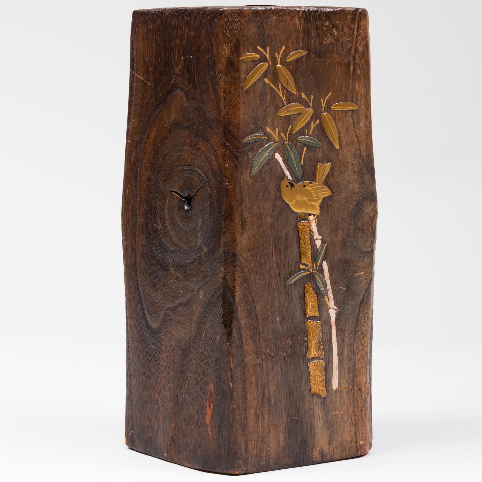 Japanese Lacquer Wood Vase: Japanese Lacquer Wood Vase With metal liner. 11 3/4 x 4 3/4 x 4 3/4 in.