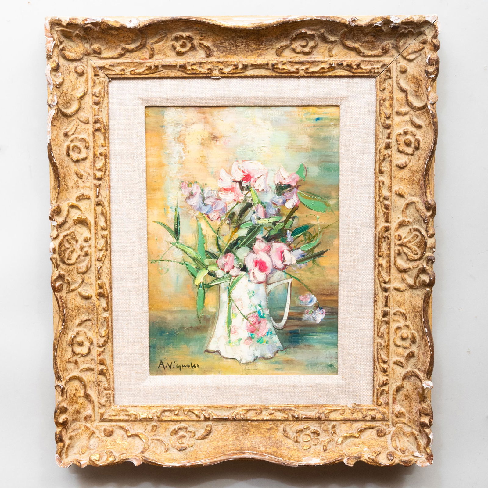 André Vignoles (1920-2017): Pois de senteur: André Vignoles (1920-2017): Pois de senteur Oil on canvas, signed 'A. Vignoles' lower left, with label from David B. Findlay Galleries, NY. 13 x 9 1/2 in., 20 3/4 x 17 3/4 in. (frame). Property from