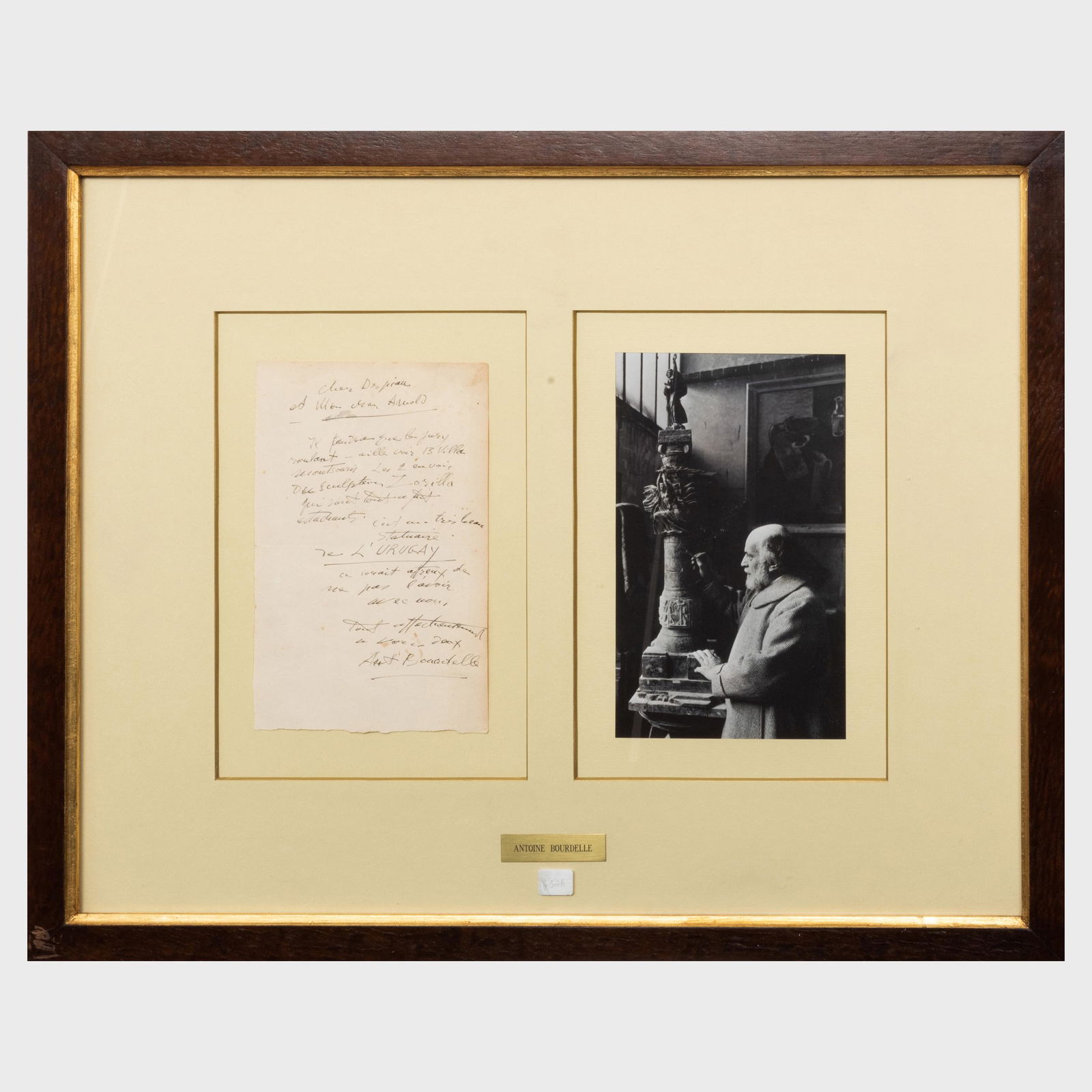Emile Antoine Bourdelle (1861-1929): Autograph Letter: Emile Antoine Bourdelle (1861-1929): Autograph Letter Hand-written letter signed 'A... Bourdelle'; together with a reproduction photograph of the artist. Letter 9 x 5 3/4 in. (sheet), photograph 9 1/2
