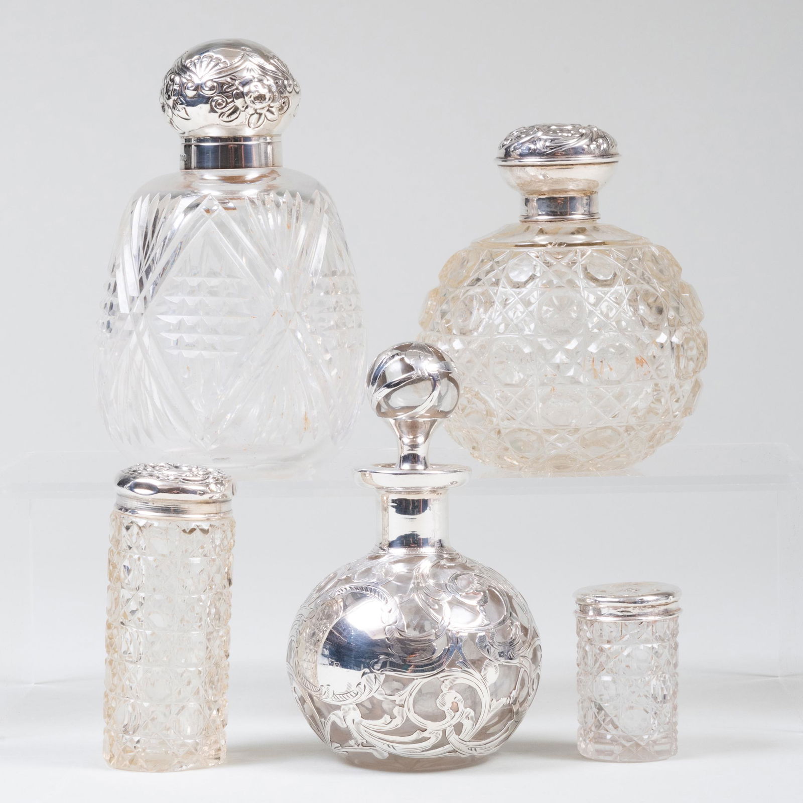 Group of Five Silver-Mounted Cut Glass Toilette Bottles (1 of 8)