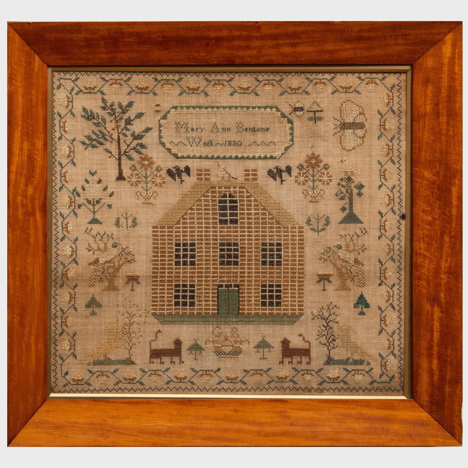 Needlework Sampler, Signed Mary Ann Bentons Work, 1830: 21 x 22 in. framed.