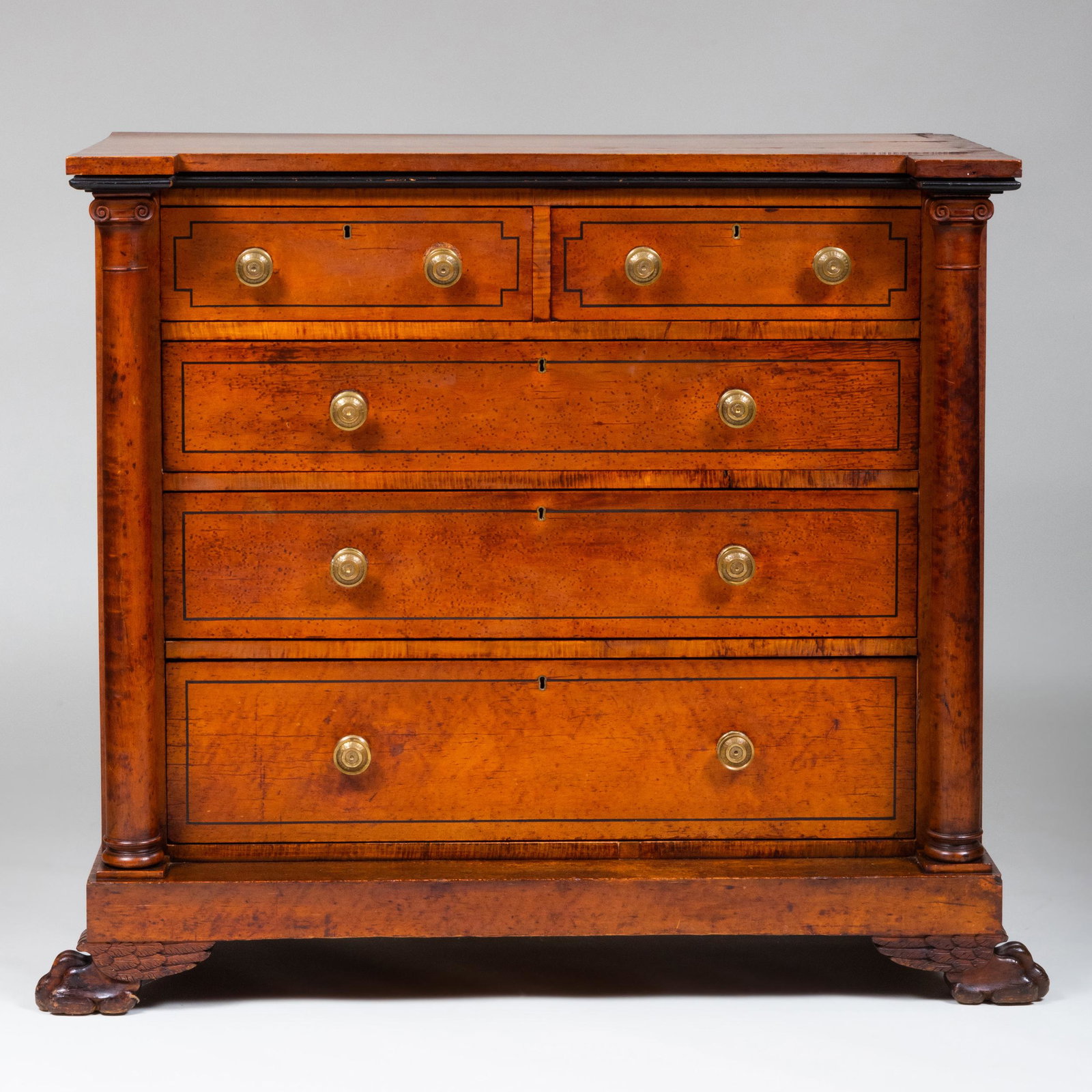 Late Federal Bird's Eye Maple and Ebonized Tall Chest: 45 x 4 ft. 5 in. x 25 in.