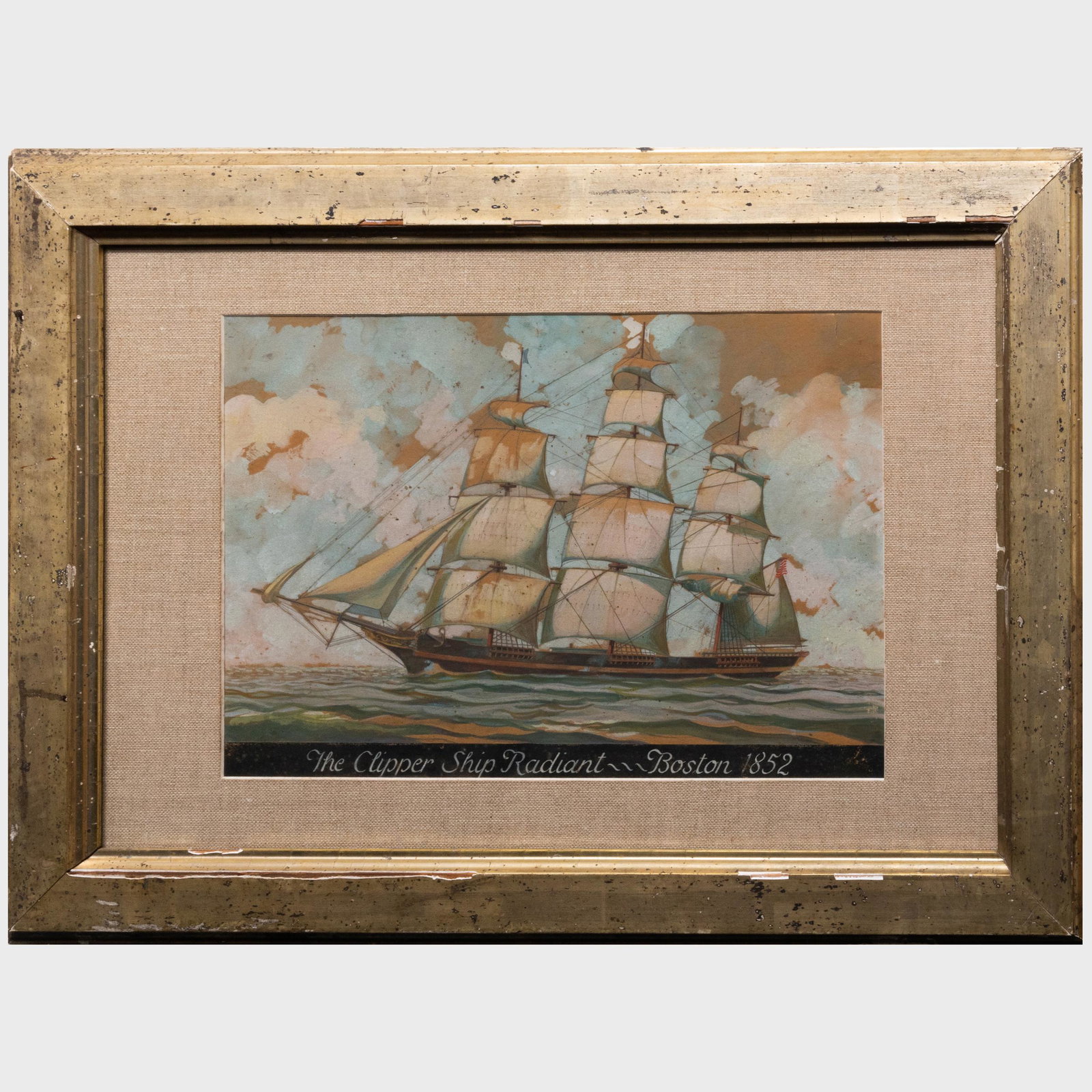 American School: The Clipper Ship Radiant: American School: The Clipper Ship Radiant Gouache on paper mounted on card, 1852, unsigned, titled and dated at bottom. 11 x 16 in. (sheet), 18 1/2 x 25 1/4 in. (frame).