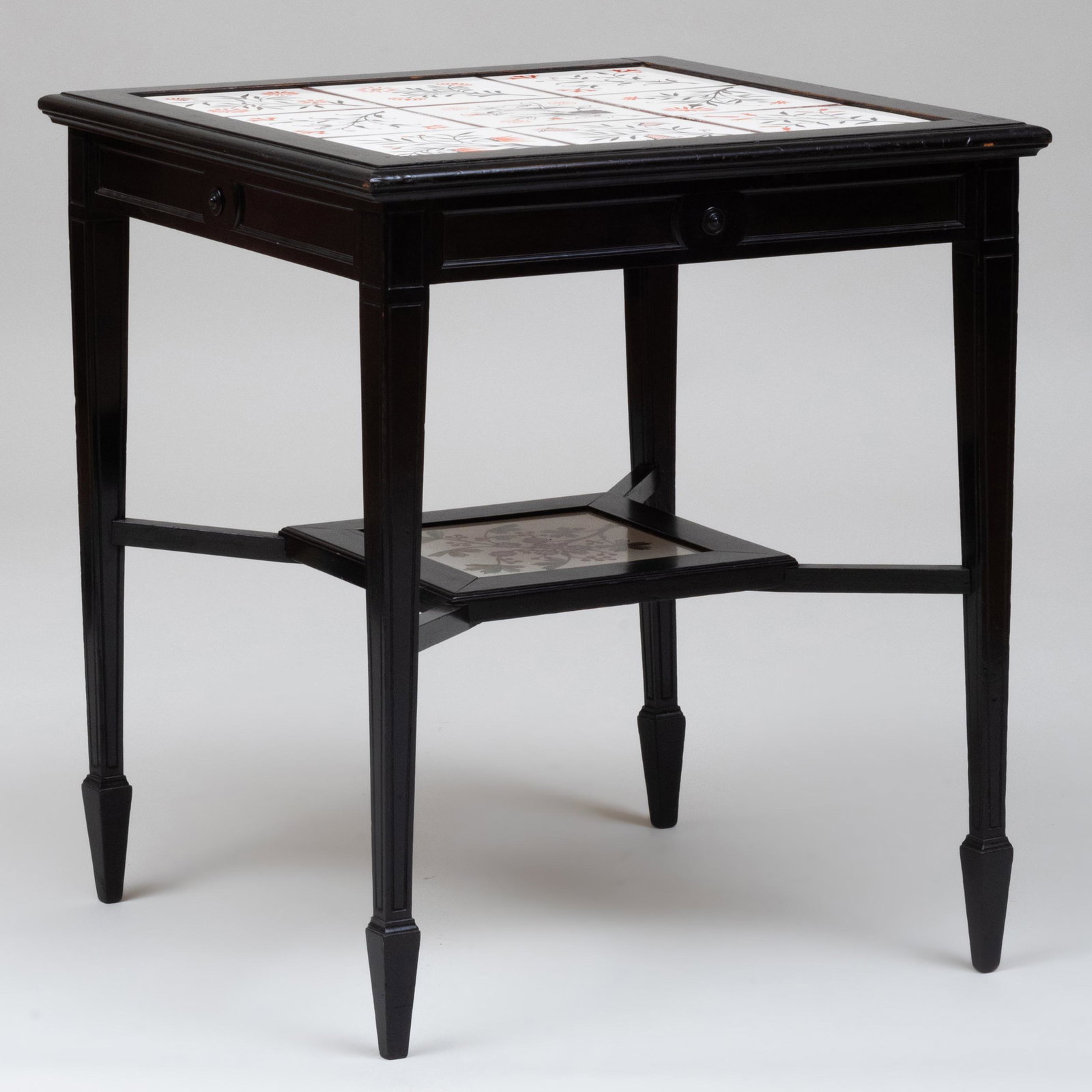 English Aesthetic Movement Ebonized Side Table Inlaid: English Aesthetic Movement Ebonized Side Table Inlaid with Tiles, Attributed to E. W. Godwin The tiles on the shelf stamped 'Minton, Hollins & Co., Patent Tile Works, Stoke on Trent, 145 W'. 25 x 22 x
