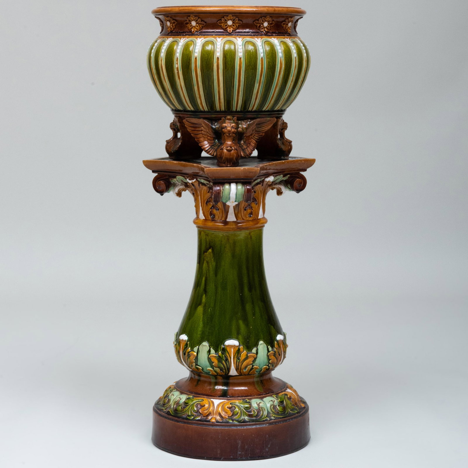 Doulton Lambeth Glazed Earthenware Pedestal Jardinière: Doulton Lambeth Glazed Earthenware Pedestal Jardinière Impressed marks. 35 1/2 x 13 in. diam. Sold Sotheby's New York, The Harriman Judd Collection, October 6, 2001, Lot 357. Private Collection, John