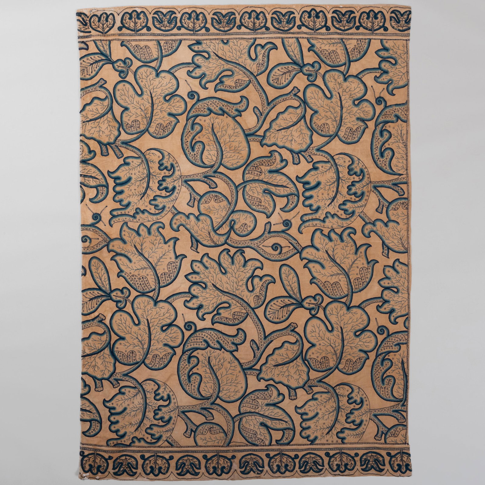 English Crewelwork Bed Hanging: English Crewelwork Bed Hanging Fitted with velcro on the reverse, and lines. 7 ft. 1 in. x 4 ft. 10 1/2 in.