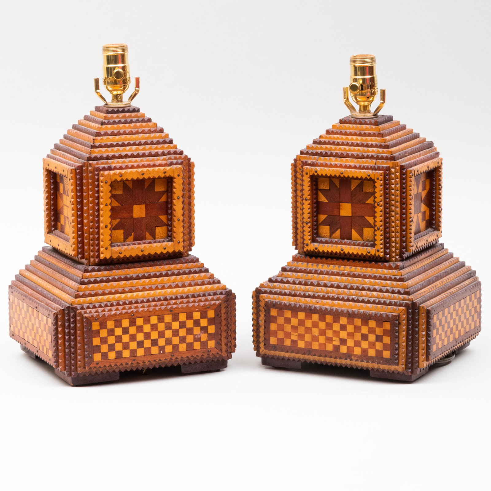 Pair of Tramp Art Wood Lamps: Pair of Tramp Art Wood Lamps 22 x 9 1/4 x 9 1/4 in.