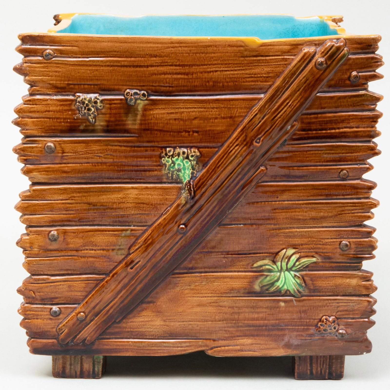 George Jones Majolica Square Jardiniere: George Jones Majolica Square Jardiniere Apparently unmarked. 9 x 8 3/4 x 9 in. Private Collection, Johnstown, New York