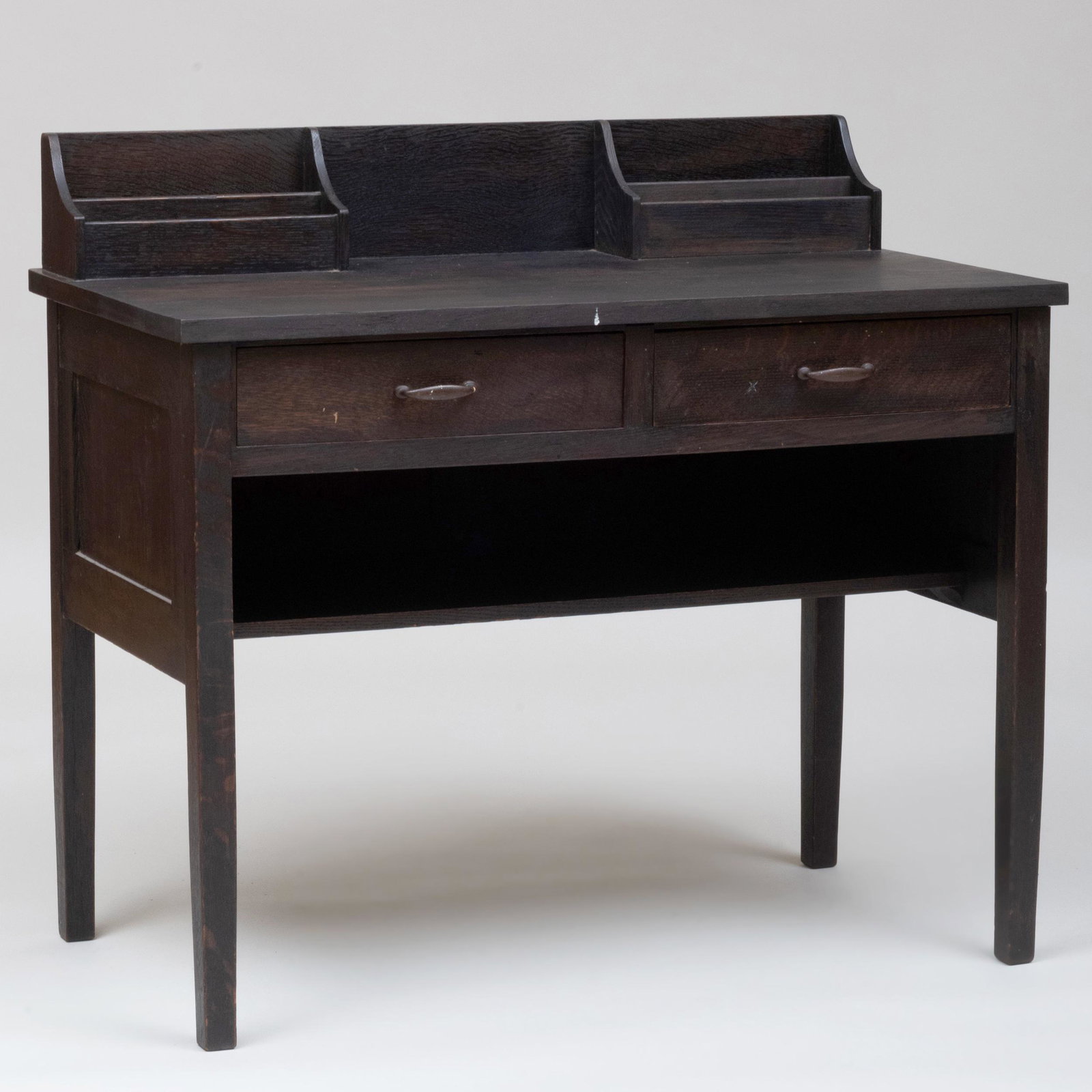 Gustav Stickley Ebonzied Postcard Desk: Gustav Stickley Ebonzied Postcard Desk Fitted with two drawers. 36 x 39 1/2 x 22 in. Private Collection, Johnstown, New York