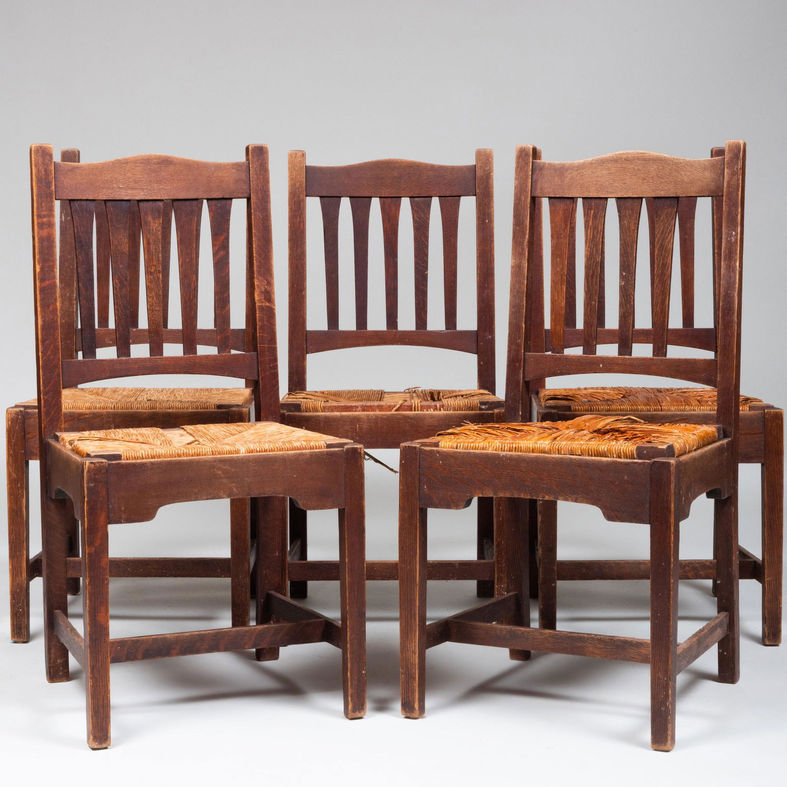 Set of Five Mission Oak Side Chairs with Rush Seats, L: Set of Five Mission Oak Side Chairs with Rush Seats, L & J. G. Stickley Unmarked. 37 3/4 x 18 1/2 x 18 1/2 in. Height of seat 18 in.