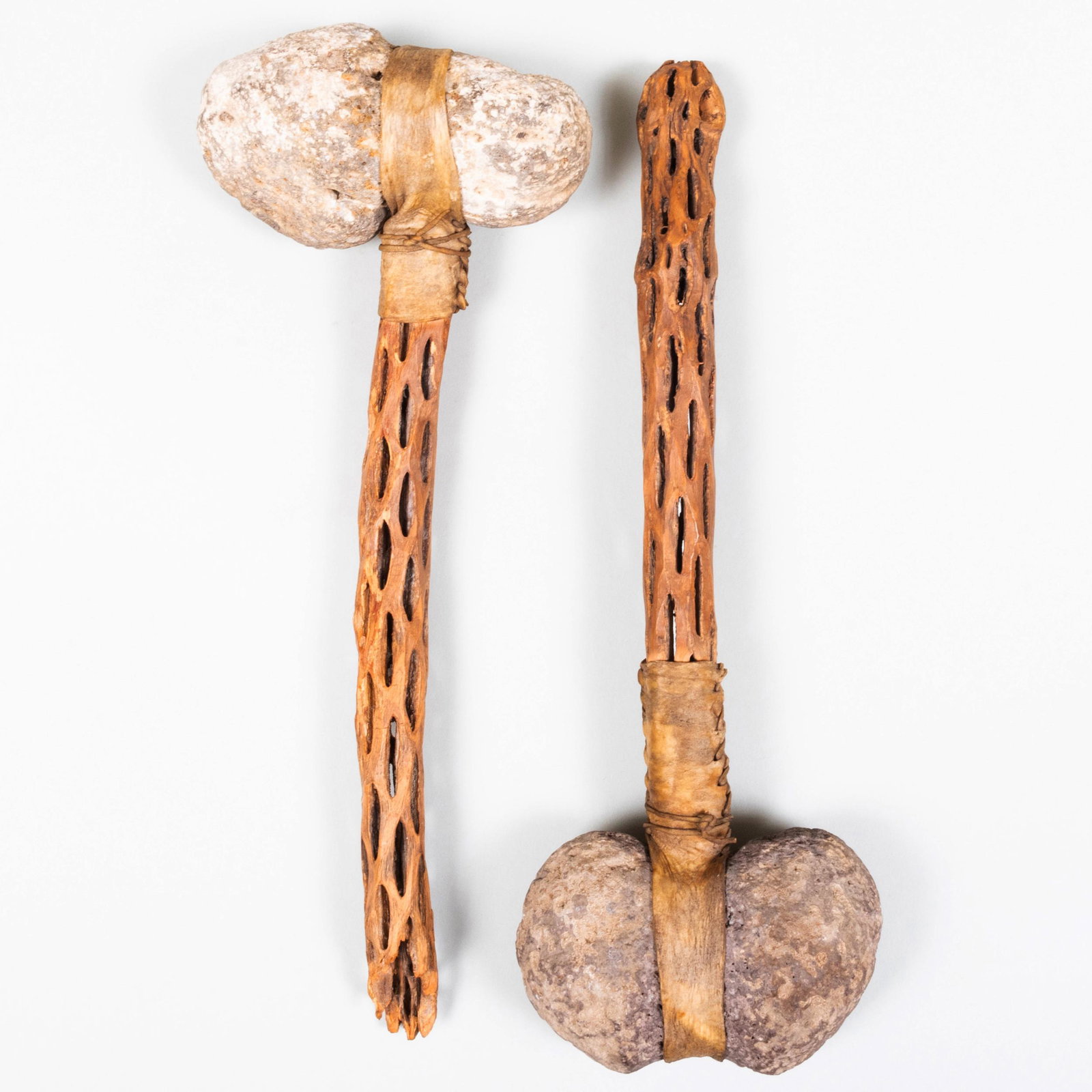 Pair of Wood, Stone and Hide War Clubs: Pair of Wood, Stone and Hide War Clubs 13 x 4 1/2 in.