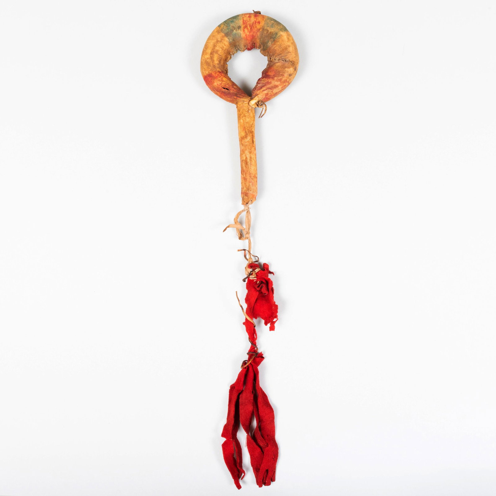Native American Painted Hide and Cloth Rattle: Native American Painted Hide and Cloth Rattle 10 1/2 x 5 1/4 in.