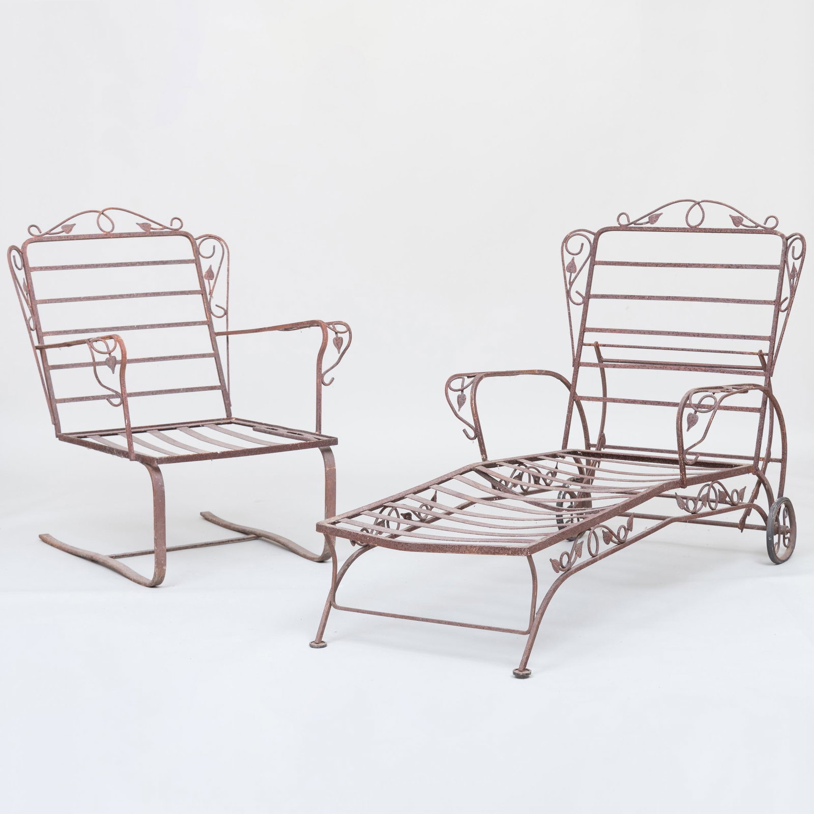 Iron Chaise Lounge and Chair The chaise 37 x 4 ft. 7: The chaise 37 x 4 ft. 7 in. x 30 1/2 in., the chair 36 x 31 x 30 in.