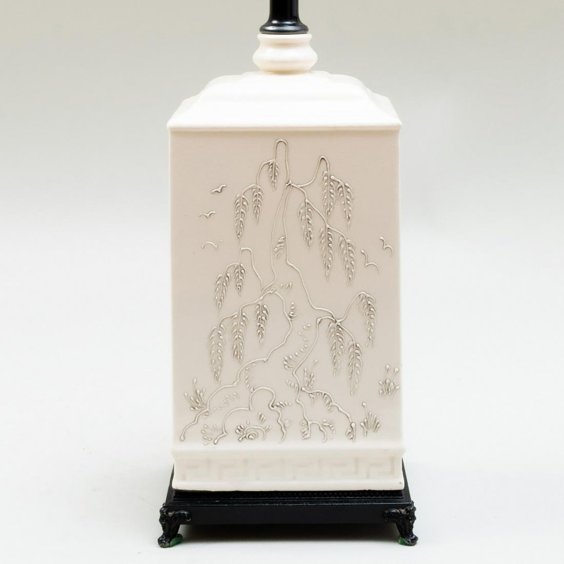 Chinese White Glazed Vessel Mounted as a Lamp: Chinese White Glazed Vessel Mounted as a Lamp 14 x 6 x 4 1/2 in. (to socket). The Collection of Dr. Daniel and Myrna Clyman