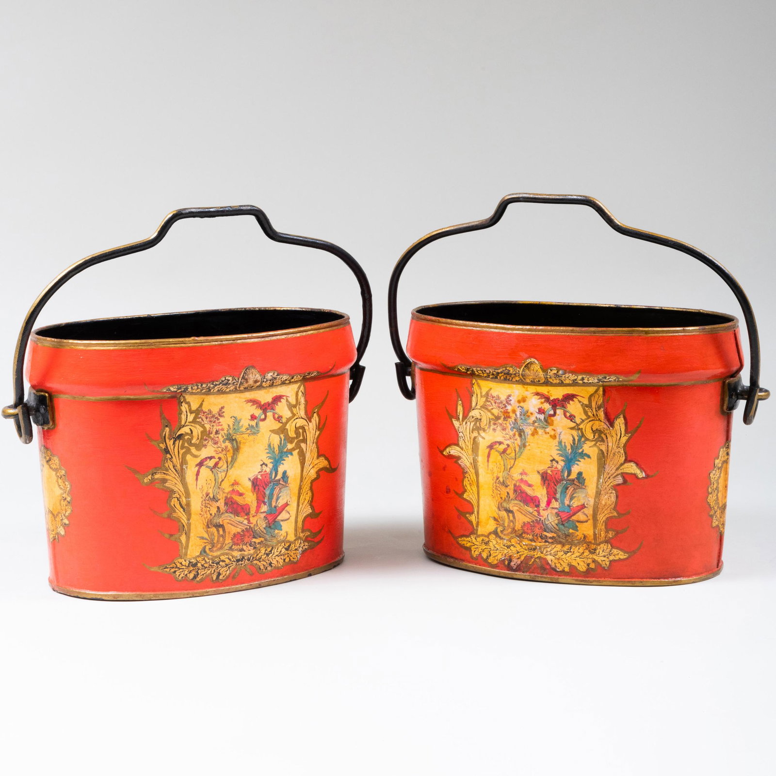 Pair of George III Style Transfer Printed and Enriched: Pair of George III Style Transfer Printed and Enriched Tole Fireplace Buckets 15 x 16 x 9 1/4 in.