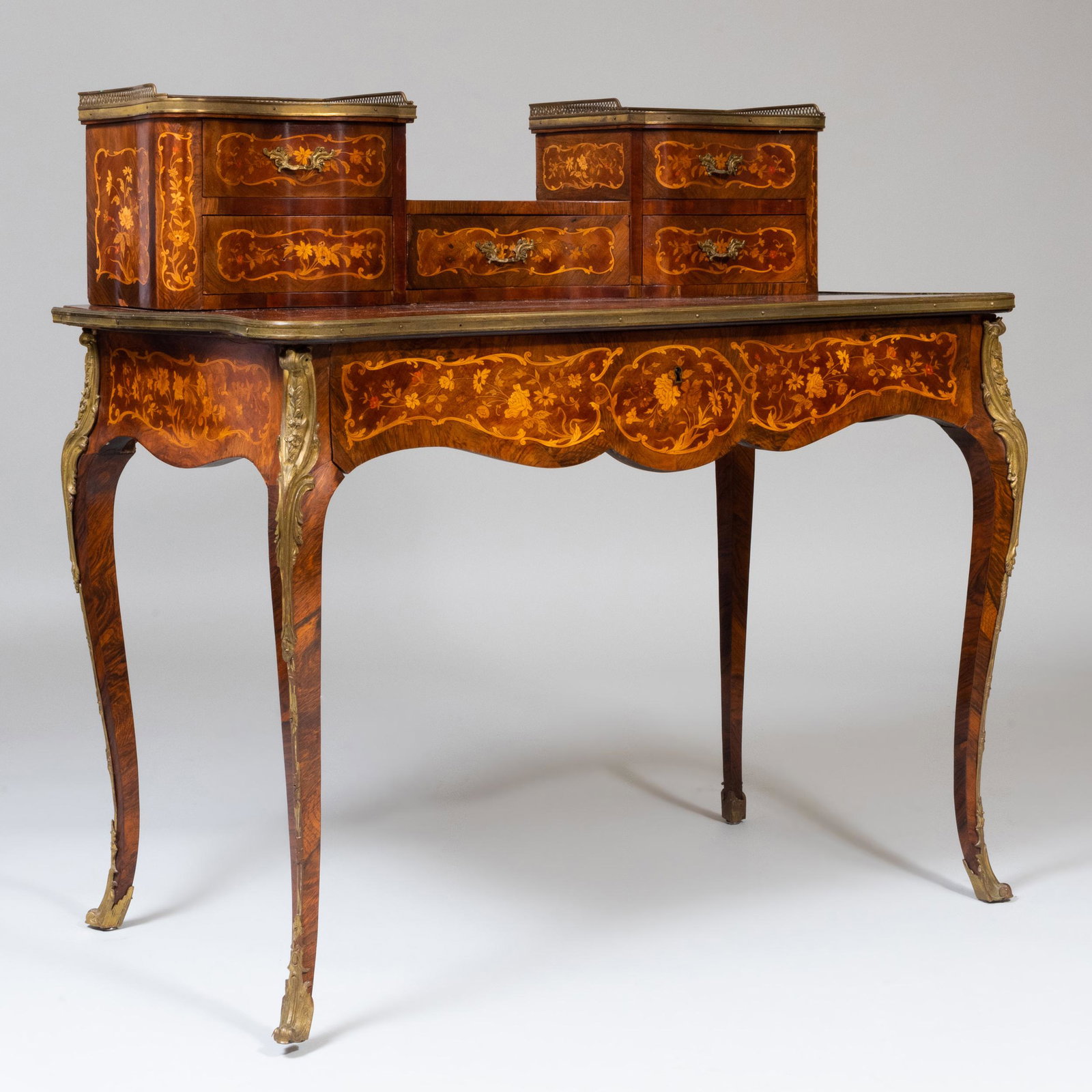 Louis XV Style Brass and Gilt-Metal-Mounted Fruitwood: Louis XV Style Brass and Gilt-Metal-Mounted Fruitwood and Rosewood Marquetry Desk 40 x 41 x 23 in.
