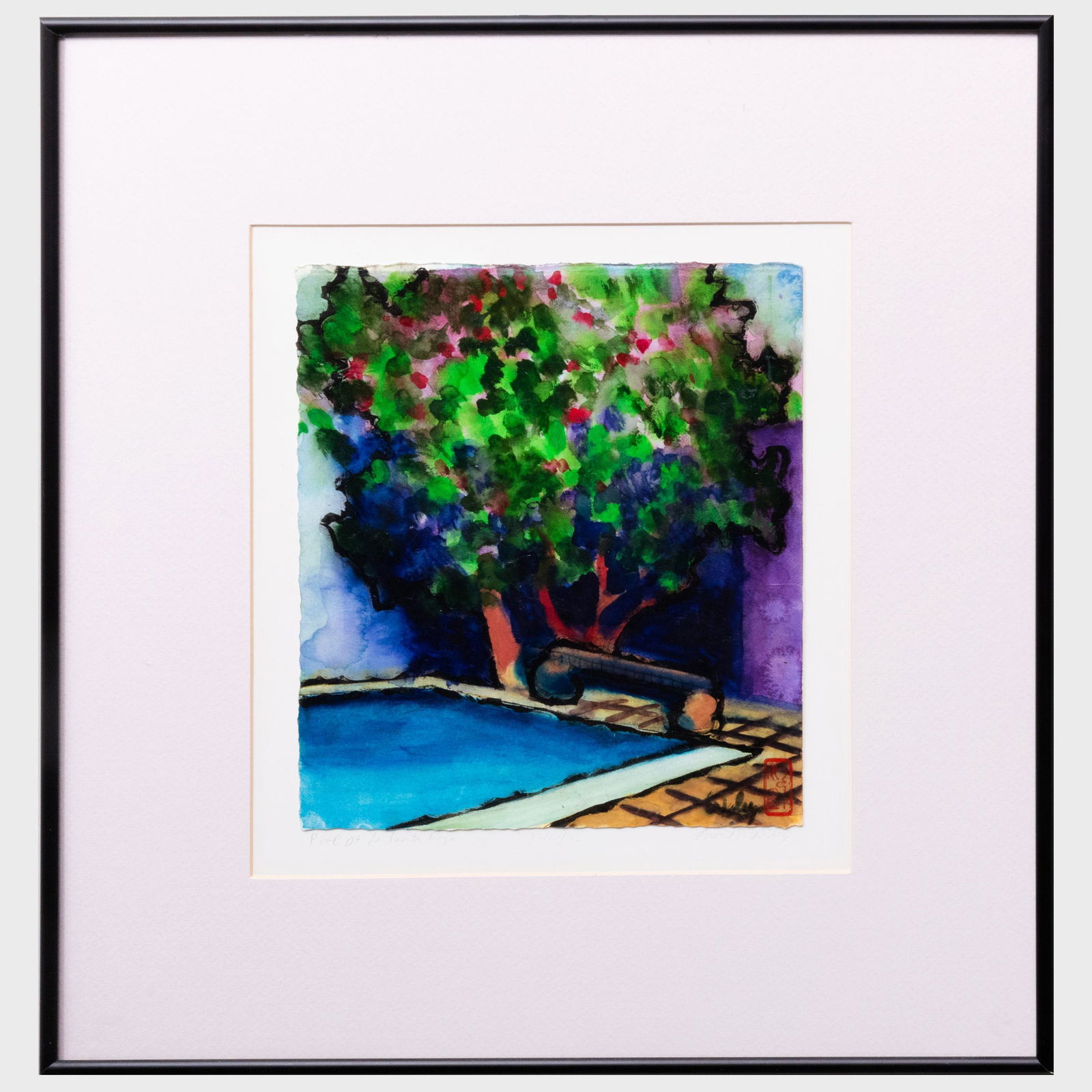 David P. Wiley: Pool at La Puerta Roja: David P. Wiley: Pool at La Puerta Roja Oil and watercolor on paper, 2002, signed 'David P. Wiley' on the mat lower right, titled lower left and dated lower center. 11 1/4 x 10 in. (sheet), 21 1/4 x 20