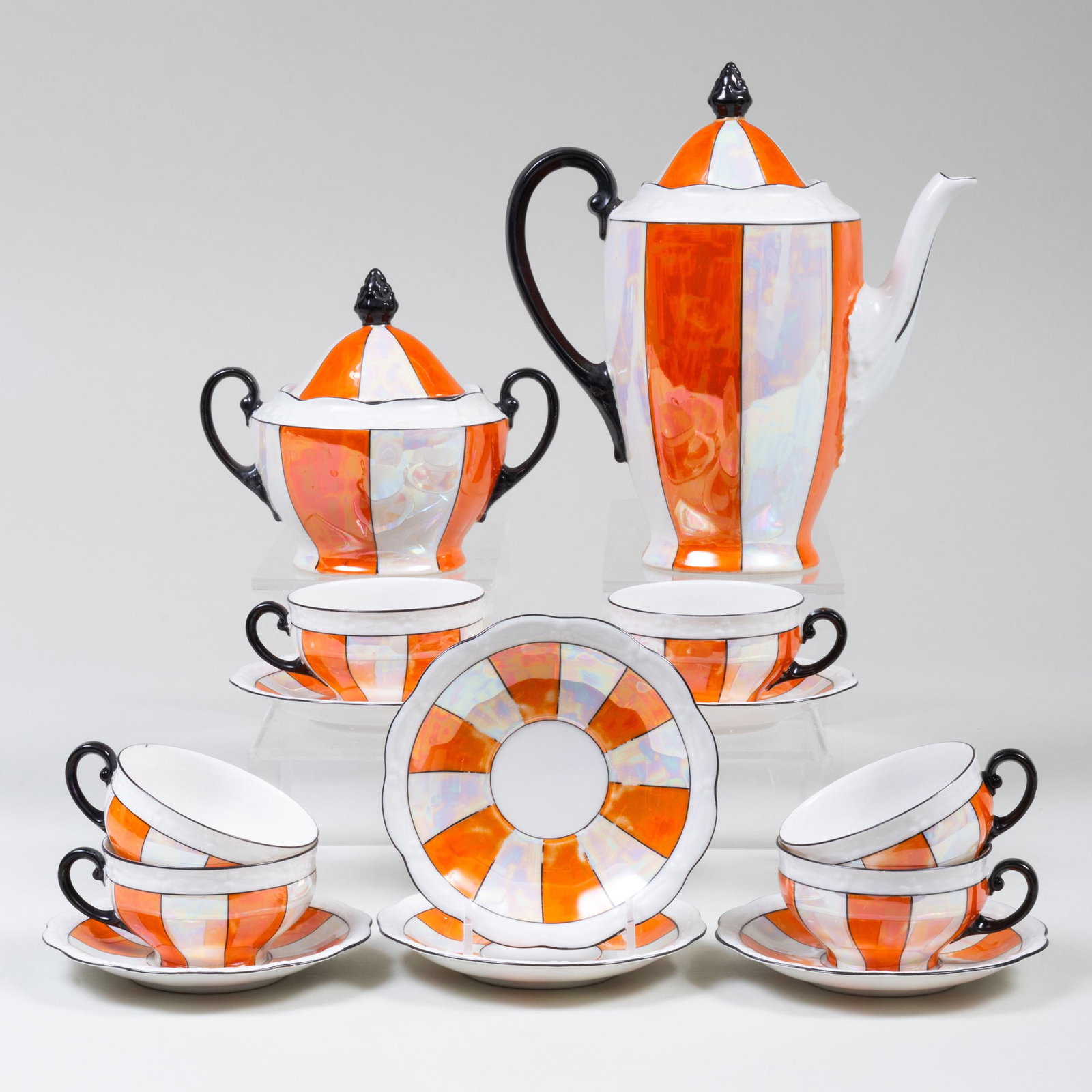 Czechoslovakian Luster Glazed Porcelain Coffee Service: Czechoslovakian Luster Glazed Porcelain Coffee Service Green printed mark. Comprising: A coffee pot and cover A sugar bowl and cover Six coffee cups and saucers The coffee pot 9 1/2 x 9 x 5 in., (8 pc