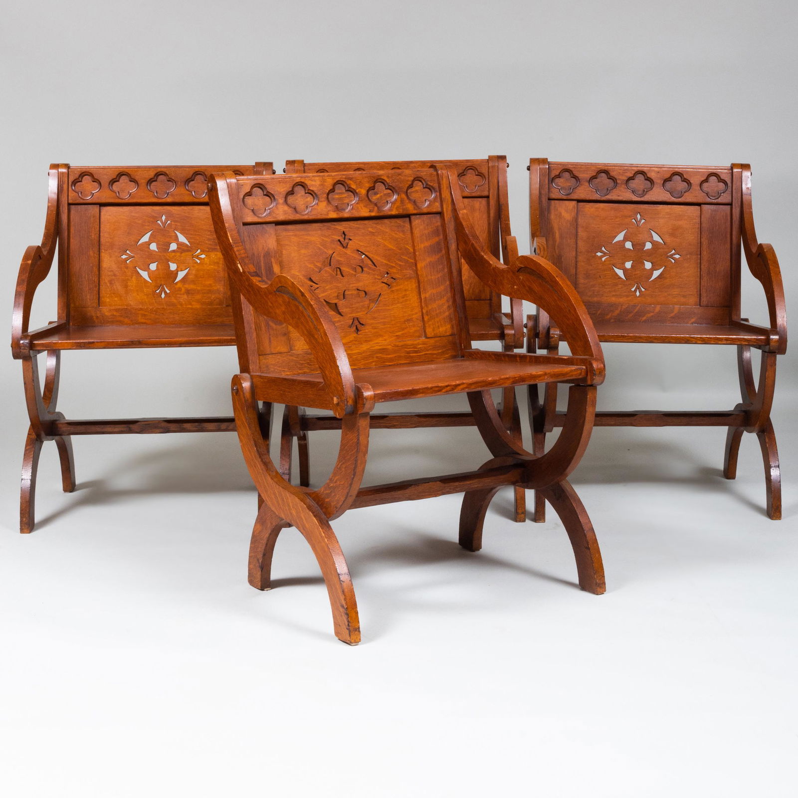 Four English Neo-Gothic Oak Arm Chairs (1 of 8)