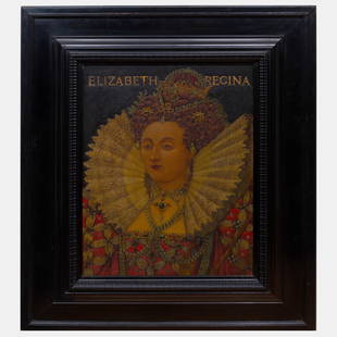 James William Fosdick (1858-1937): Queen Elizabeth: James William Fosdick (1858-1937): Queen Elizabeth Incised and painted wood, 1903, titled, dated and incised 'painted by J. Wm. Fosdick' and 'Adapted decoratively from an old engraving, New York' on t