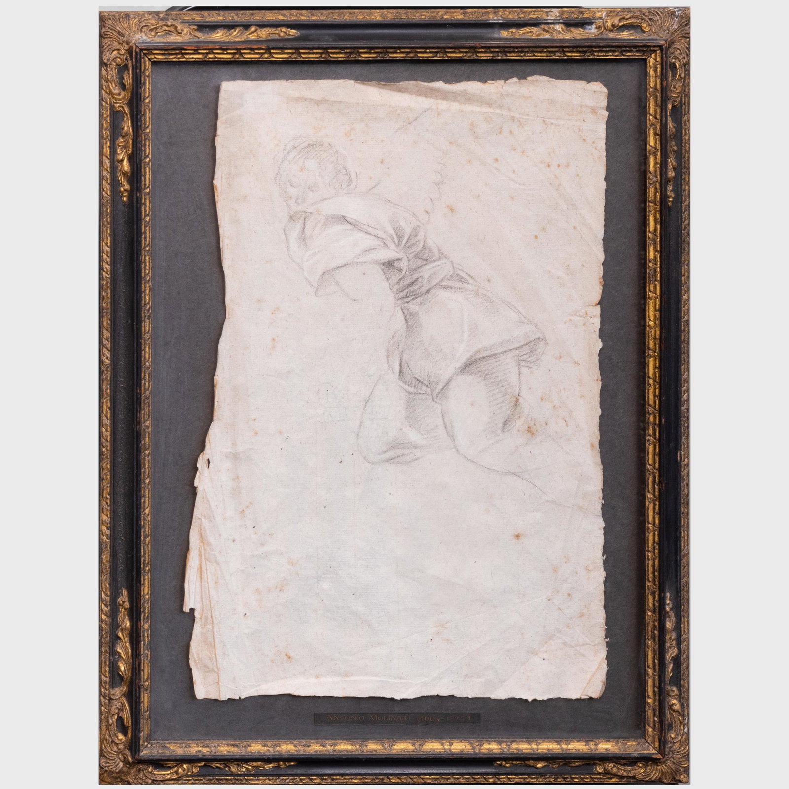 Antonio Molinari (1665-1727): Study of an Angel: Antonio Molinari (1665-1727): Study of an Angel Black chalk on paper, watermark Normandie, with a sketch of a male nude on the reverse, with label from Joanna Booth, London. 14 1/4 x 9 1/2 in. (sheet)