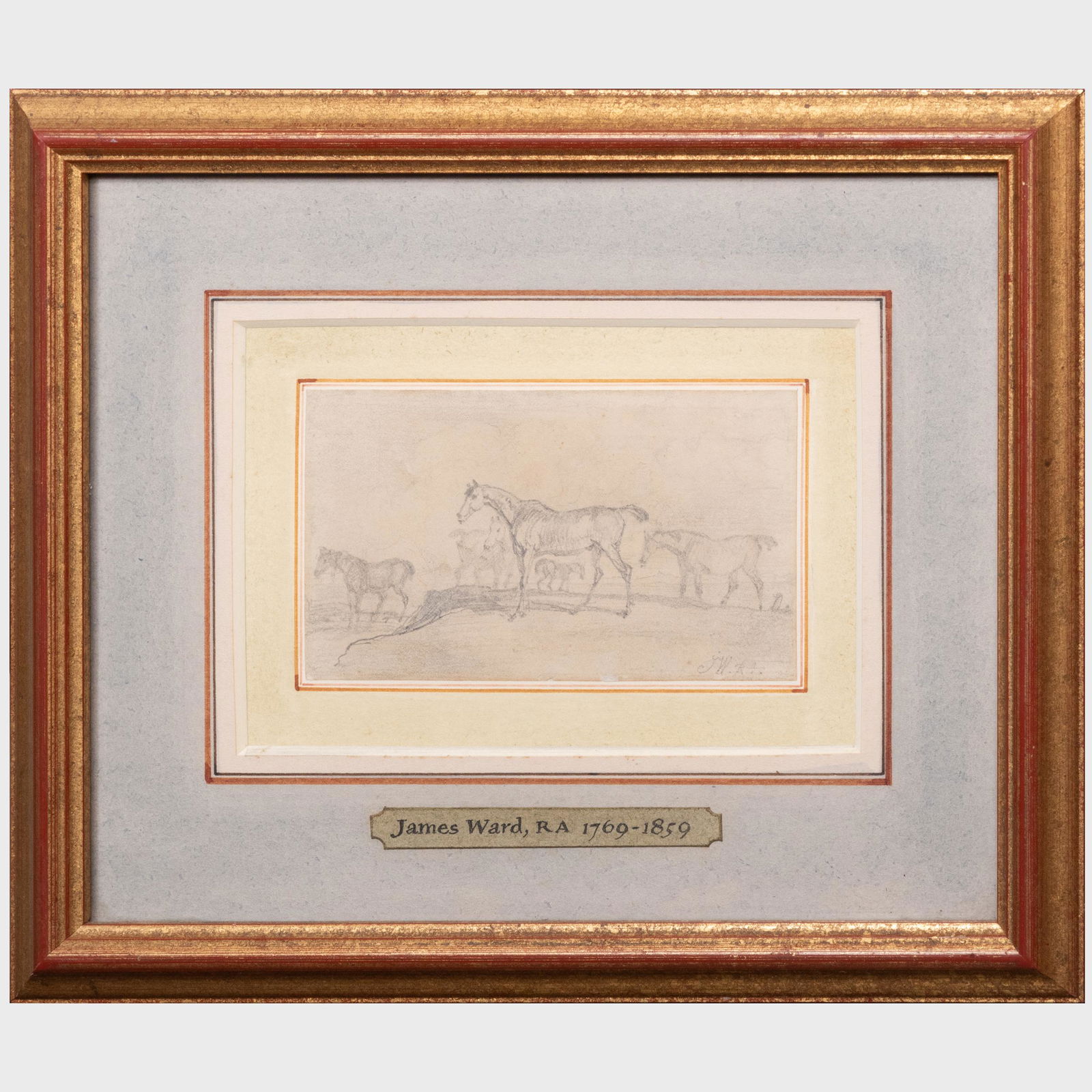 James Ward (1769-1859): Hunters Turned Out: James Ward (1769-1859): Hunters Turned Out Pencil on paper mounted on paper, signed with initials 'JW R.A.' lower right, with label from William Drummond, London. 2 1/2 x 4 3/8 in. (sheet), 8 x 9 1/2