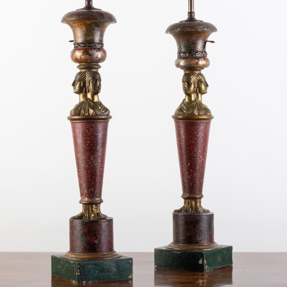 Pair of French Tôle and Metal Faux Porphyry Lamps, (1 of 10)