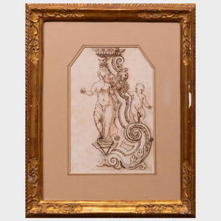 Bernardino India (1536-1590): Venus Holding an Apple: Bernardino India (1536-1590): Venus Holding an Apple with Cupid at her Side Ink, pencil and wash on paper, watermark indistinct, unsigned. 9 1/4 x 6 in. (sheet), 16 x 13 in. (frame). Property from the