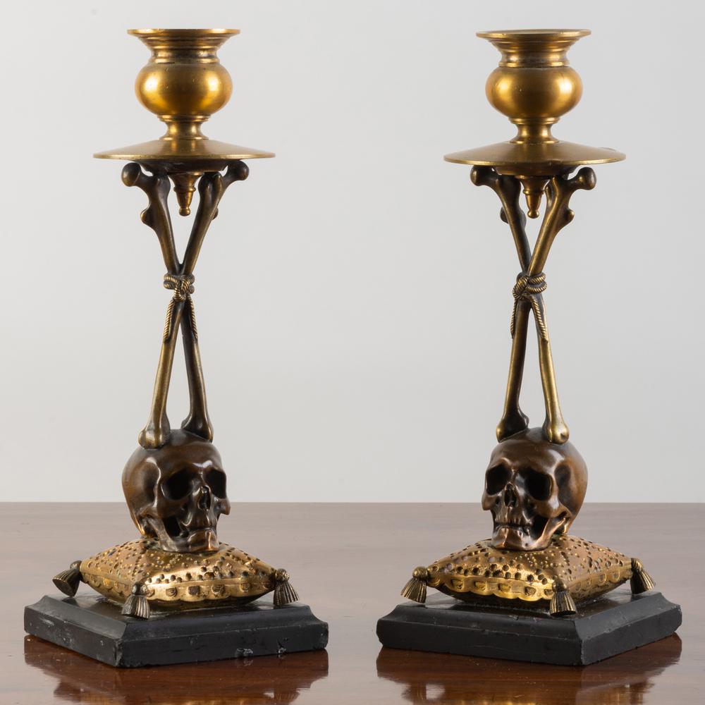 Pair of Brass and Bronze Skull Candlesticks on Marble (1 of 14)