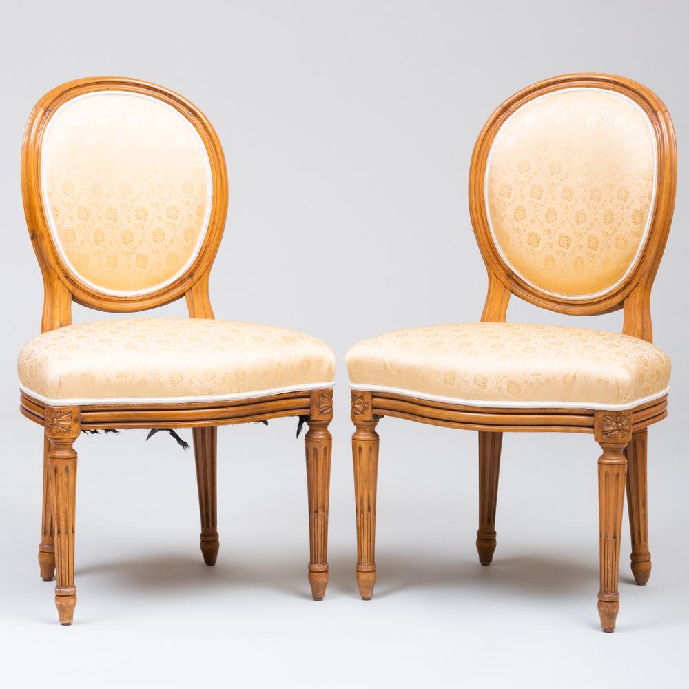 Pair of Louis XVI Walnut Chaises, Stamped I. B.: Pair of Louis XVI Walnut Chaises, Stamped I. B. Sené Jean-Baptiste-Claude Sené, maitre in 1769. 33 1/4 x 19 1/2 x 17 1/2 in., height of seat 17 in. Sold Christie's, NY, 19 October 1998, Lot