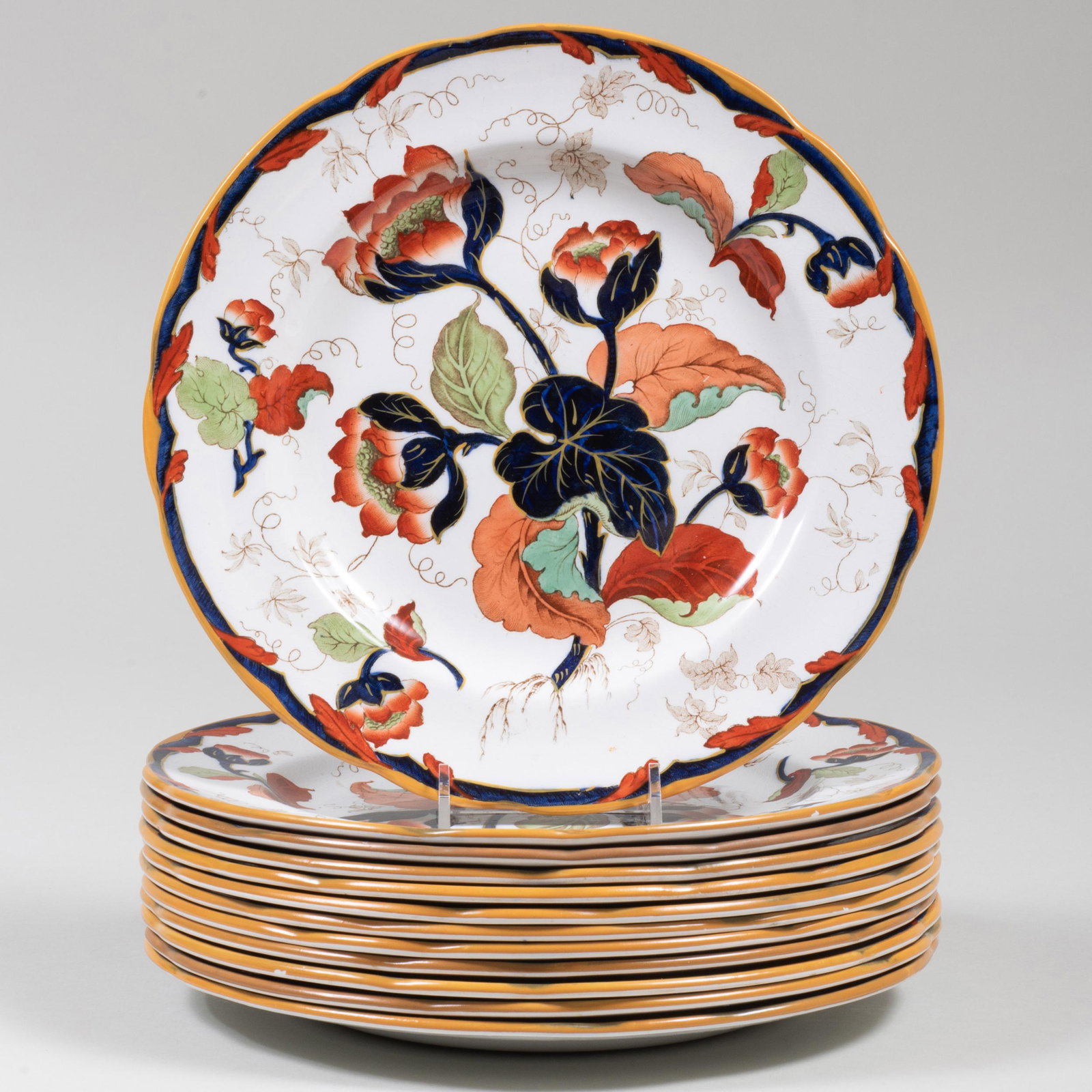 Set of Twelve Wedgwood Transfer Printed and Enriched: Set of Twelve Wedgwood Transfer Printed and Enriched Dinner Plates in the 'Water Nymph' Pattern Black printed and impressed marks. 10 1/8 in. diam.