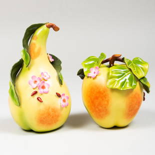 Two Katherine Houston Porcelain Models of Fruit: Two Katherine Houston Porcelain Models of Fruit Black monogram mark. Comprising: An apple A pear The apple 4 3/4 x 4 1/2 in. diam., 6 3/4 x 4 1/4 in. diam.