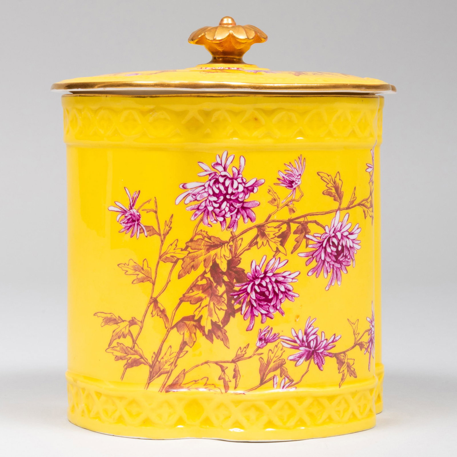 Royal Worcester Yellow Ground Porcelain Lobed Jar and: Royal Worcester Yellow Ground Porcelain Lobed Jar and Cover Green and puce printed marks. 6 3/4 x 6 in. diam. Property of a Lady