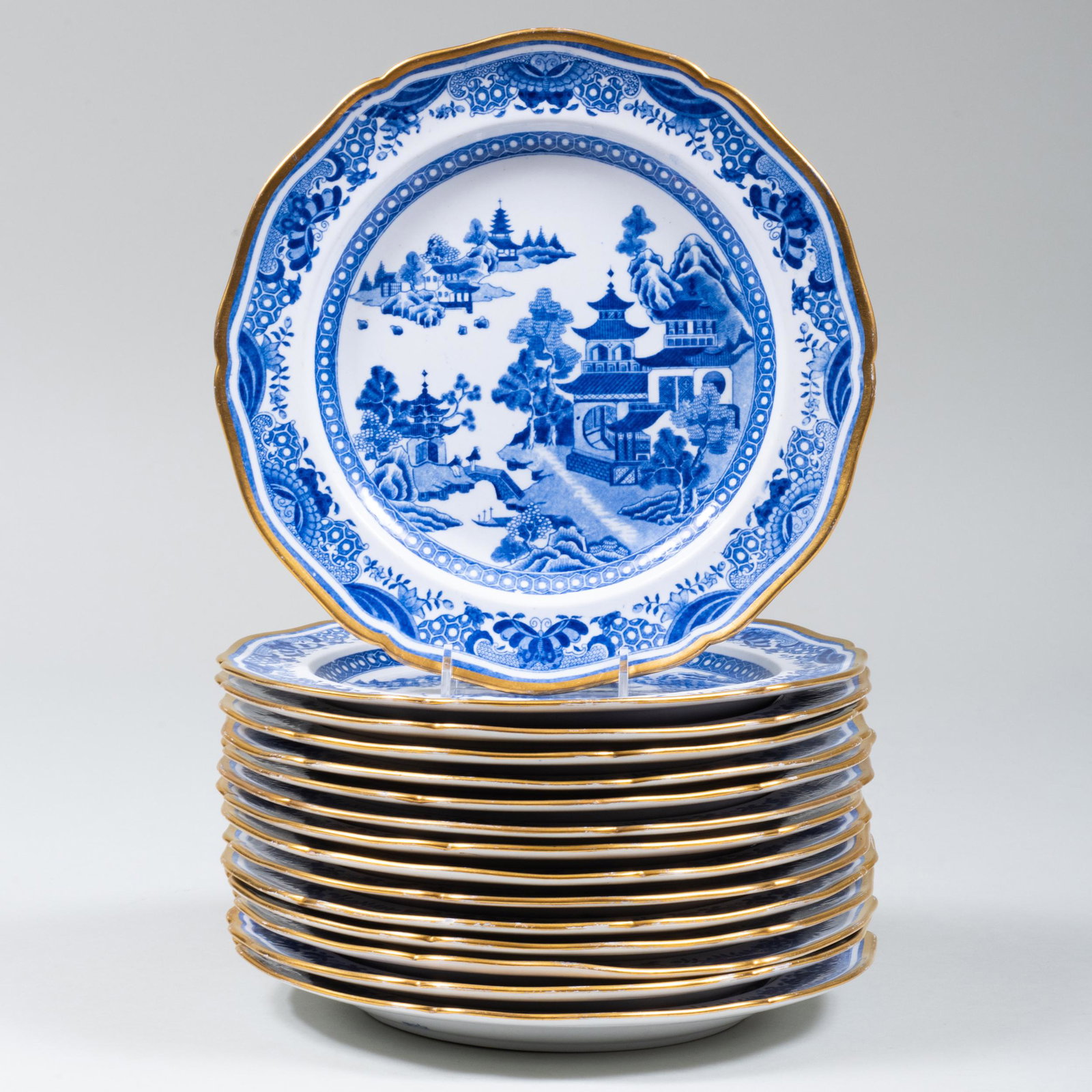 Set of Fourteen Spode Transfer Printed Dinner Plates: Set of Fourteen Spode Transfer Printed Dinner Plates Blue printed mark. 9 3/4 in. diam.