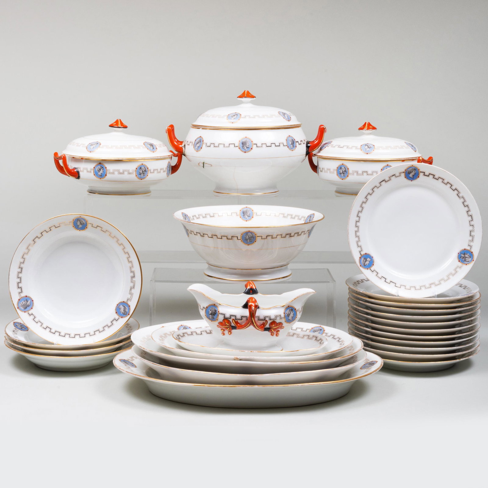 Sevres Porcelain Medallion Part Service: Sevres Porcelain Medallion Part Service Red printed mark. Comprising: A serving bowl A double lipped sauce boat on stand Two vegetable tureens and covers A soup tureen and a cover Four graduated ova