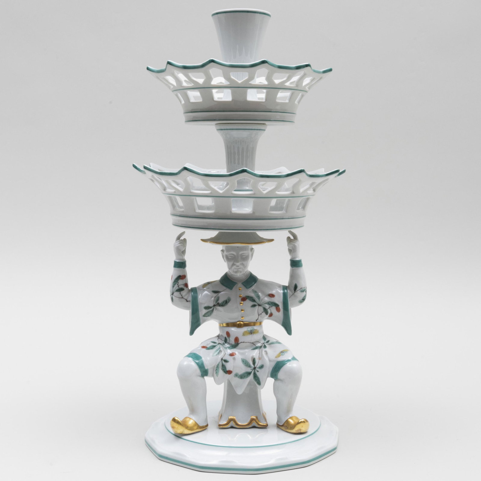 Mottahedeh Porcelain Chinoiserie Centerpiece: Green printed mark.17 1/4 x 7 1/2 in. diam.