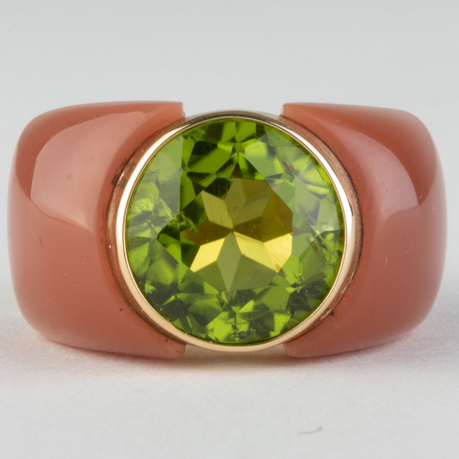14k Gold, Peridot and Chalcedony Ring: 14k Gold, Peridot and Chalcedony Ring The peridot weighing approx. 6 cts. Size 6 1/2, 13 dwts.