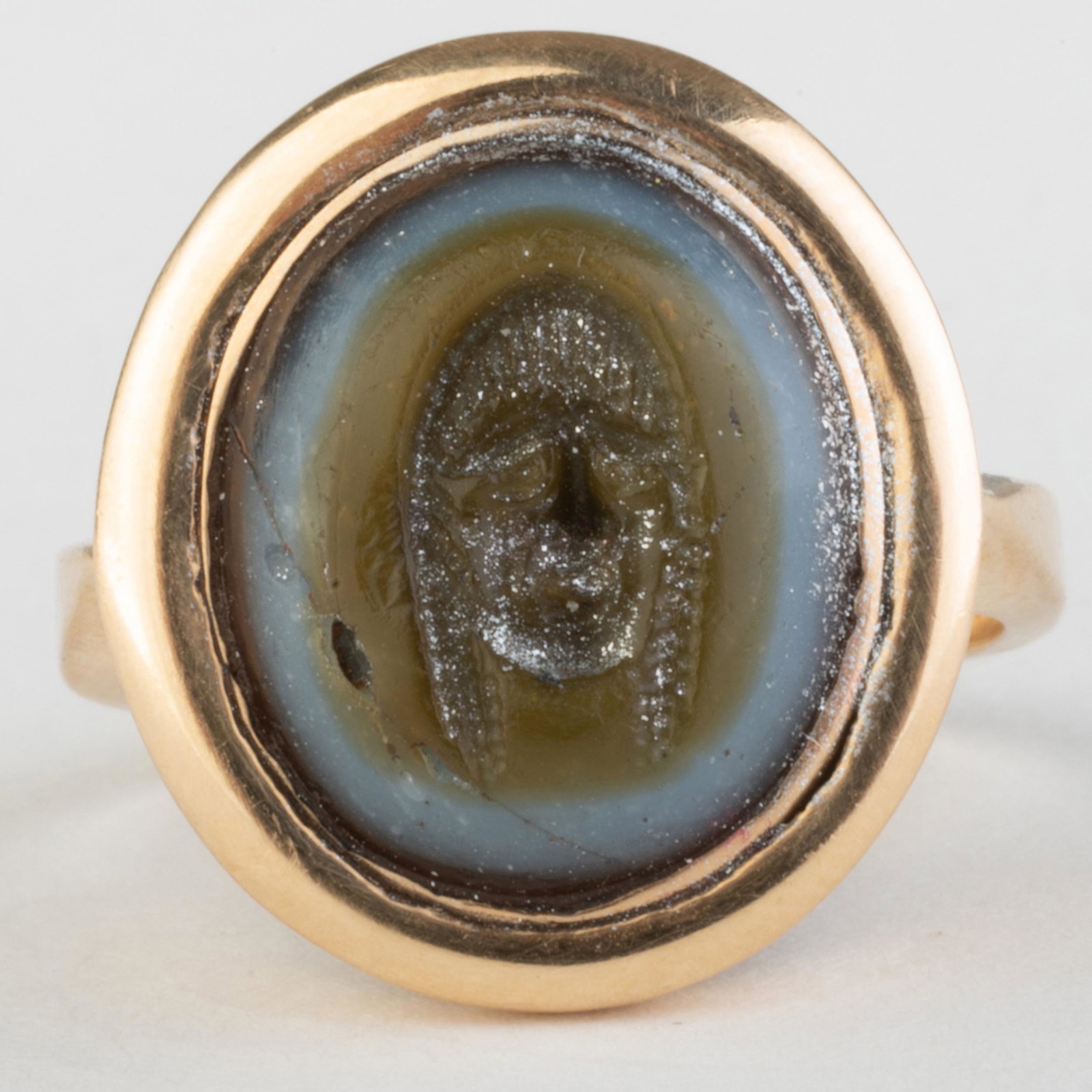 Ancient Roman Glass Intaglio of a Dionysiac Tragedy: Ancient Roman Glass Intaglio of a Dionysiac Tragedy Mask Set in a Gold Collectors Ring Marked '14k'. Size 6 1/2, 3.6 dwts. Property from the Collection of Tom Swope, Hudson, NY