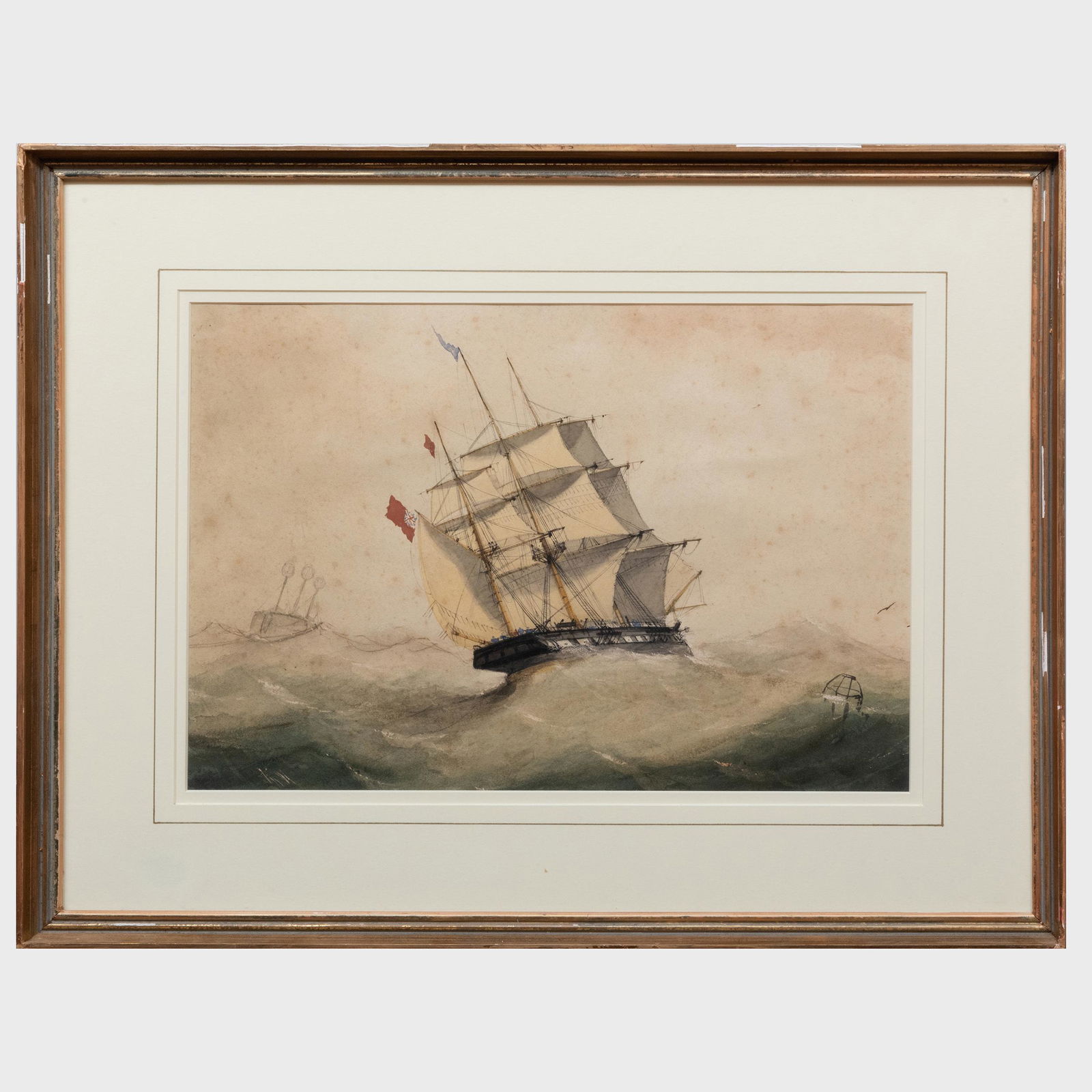 British School: A Ship Beating Up the Channel: British School: A Ship Beating Up the Channel Watercolor and gouache on paper, unsigned, titled on the reverse. 13 3/4 x 20 1/4 in. (sheet), 20 1/2 x 26 1/2 in. (frame). Property from the Estate of Ph