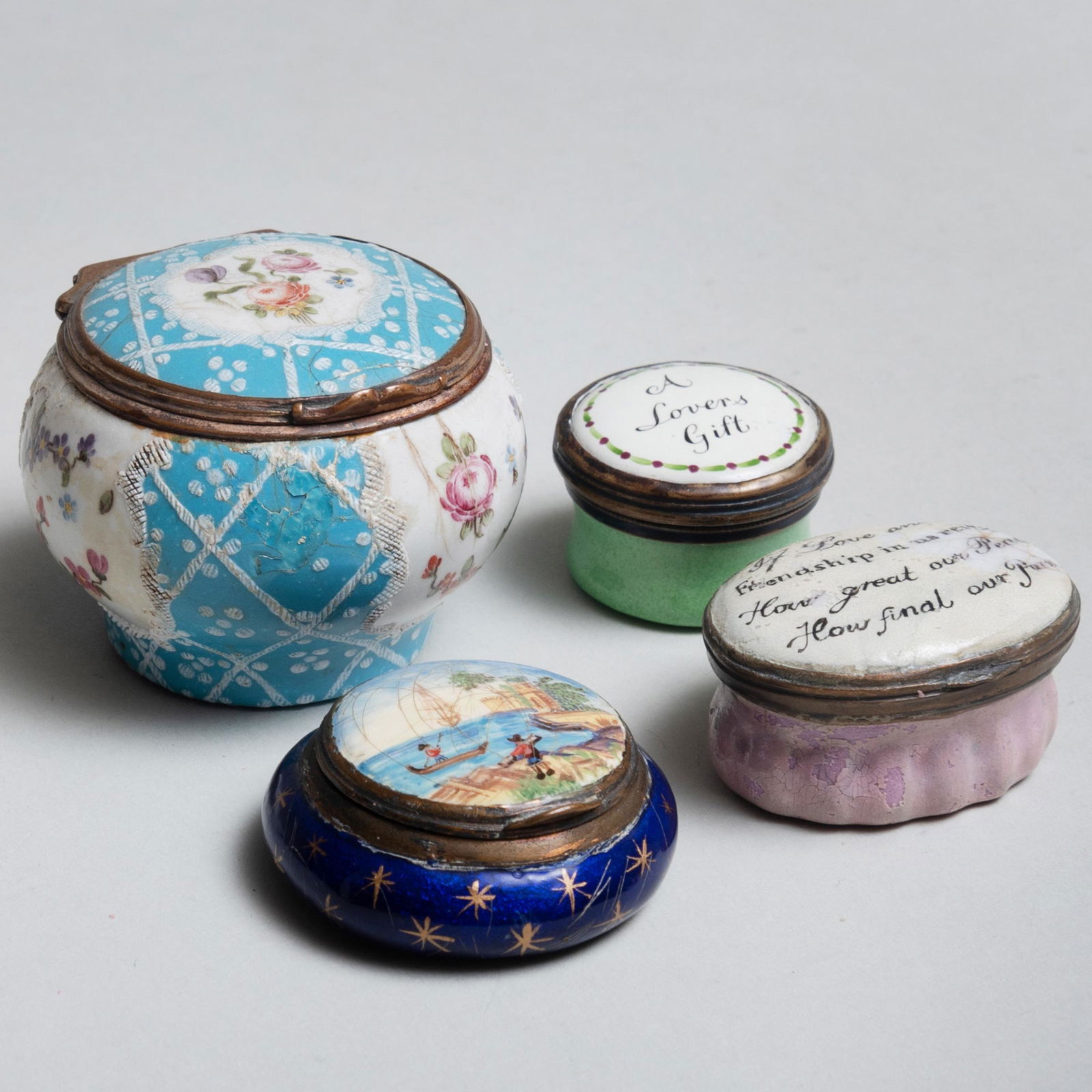 Group of Four Staffordshire Enamel Snuff Boxes (1 of 4)