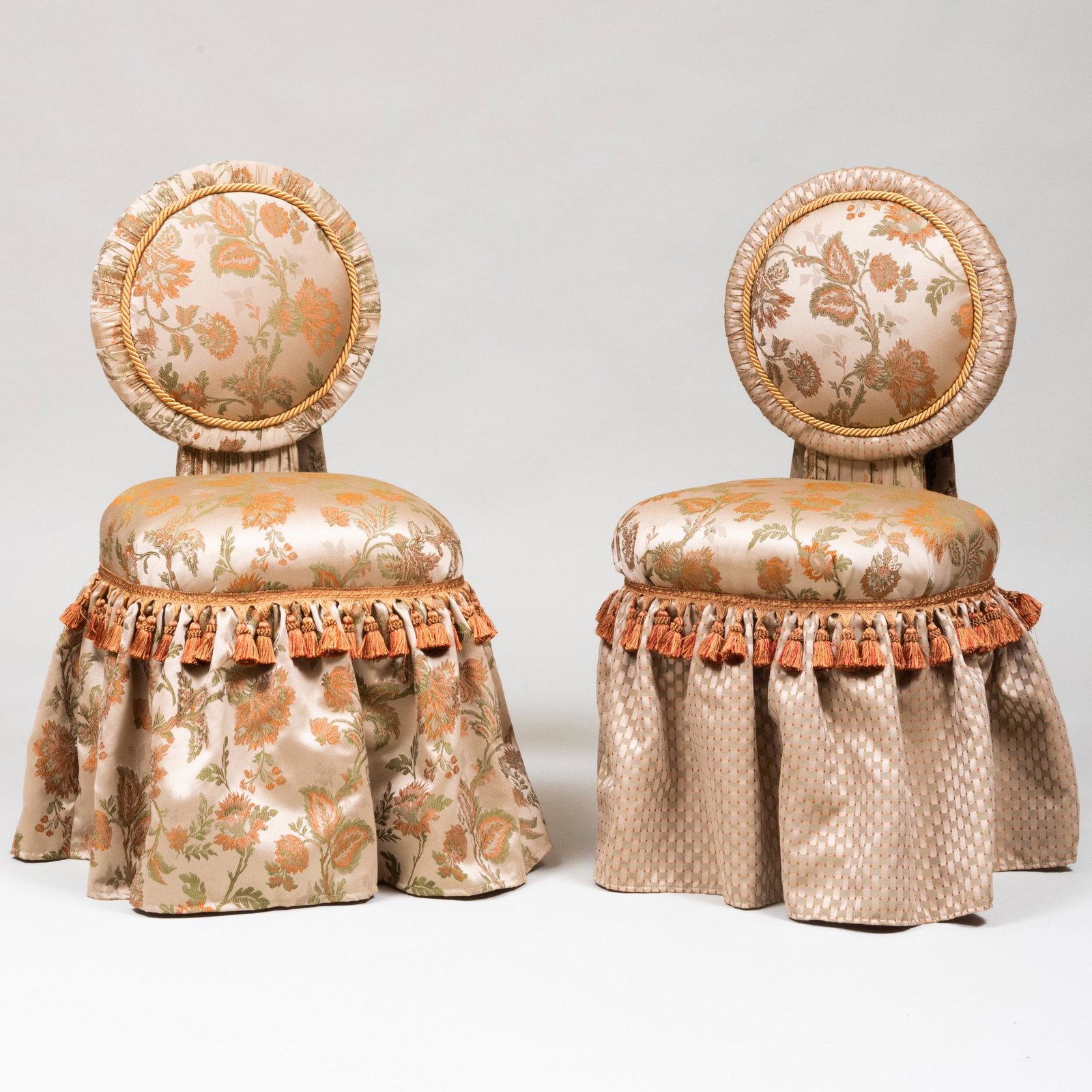 Pair of Damask Upholstered Side Chairs: Pair of Damask Upholstered Side Chairs Fitted with tassels and bows. 35 1/2 x 17 x 18 in., height of seat 18 3/4 in. Property from the Estate of Joyce Blaffer de La Begassiere von Bothmer