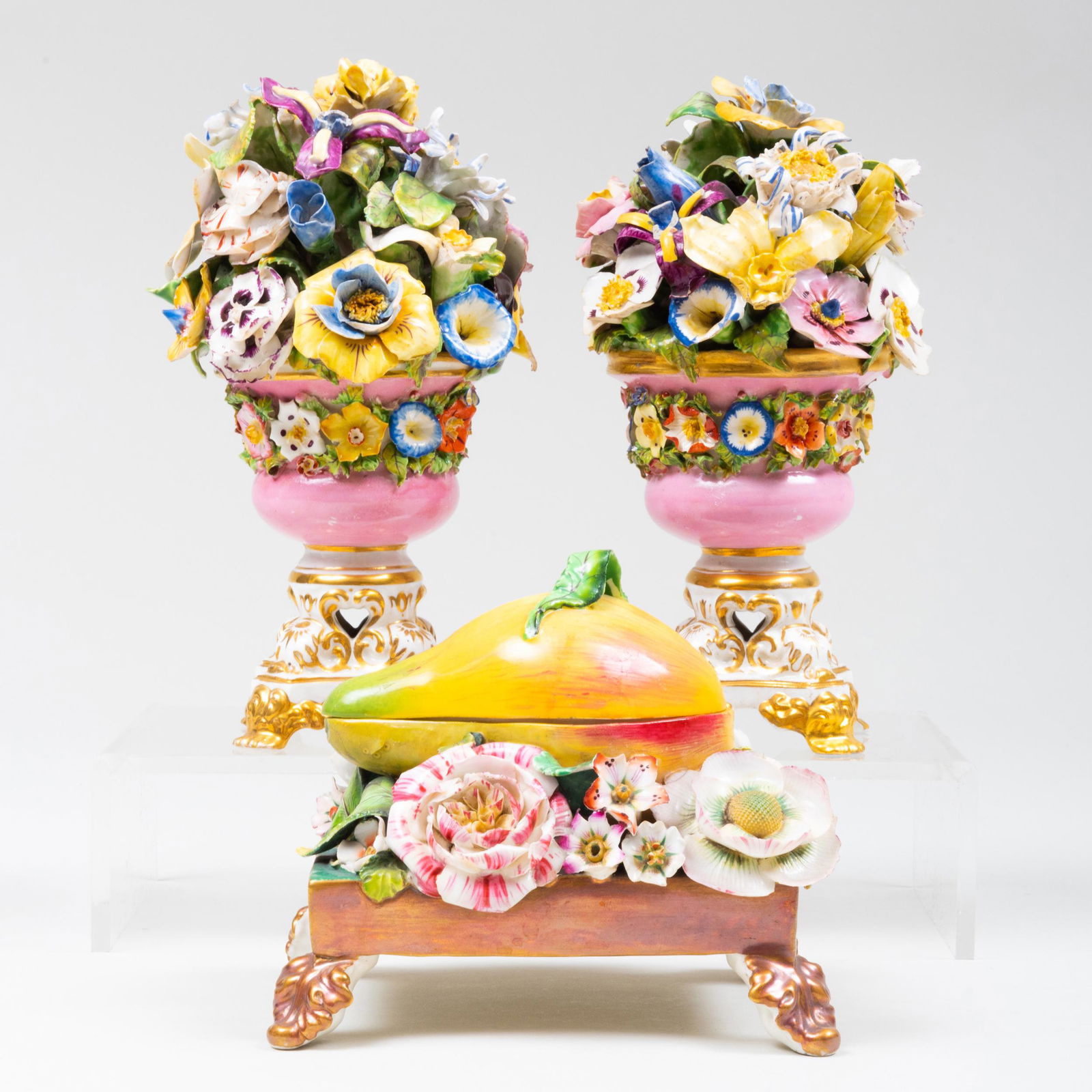 Pair of Derby Porcelain Models of Bouquets and a Pear (1 of 8)