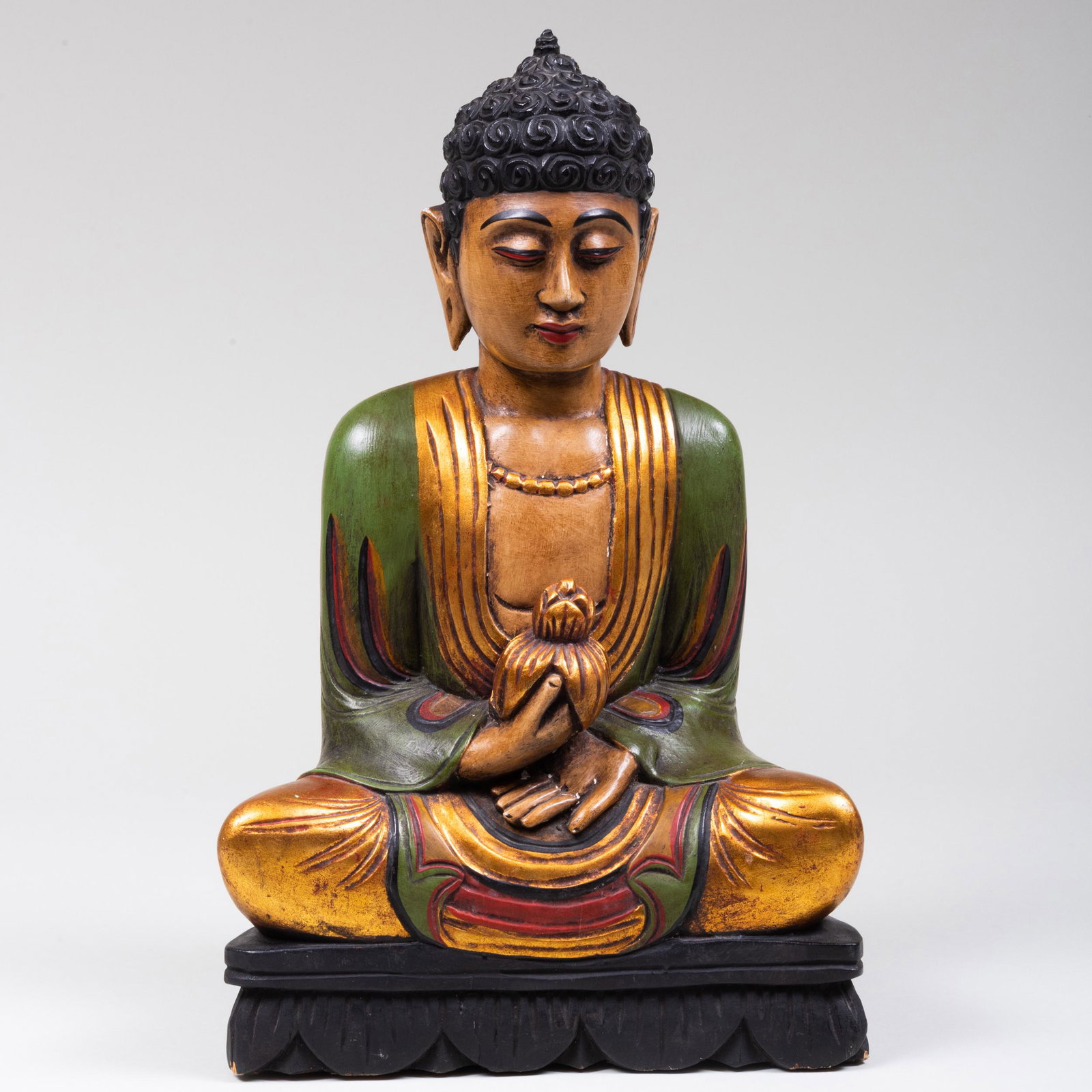 Asian Polychromed Wood Figure of Buddha: Asian Polychromed Wood Figure of Buddha 20 1/4 x 12 1/2 x 6 in. Property from the Collection of Ambassador and Mrs. Joseph Verner Reed