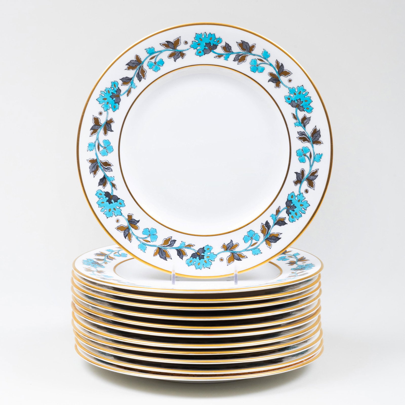 Set of Twelve Copeland Porcelain Dinner Plates in the: Set of Twelve Copeland Porcelain Dinner Plates in the 'Richmond' Pattern Sepia printed mark, printed retailer's mark for Tiffany & Co. 10 3/4 in. diam. Property from the Estate of Audrey Zauderer