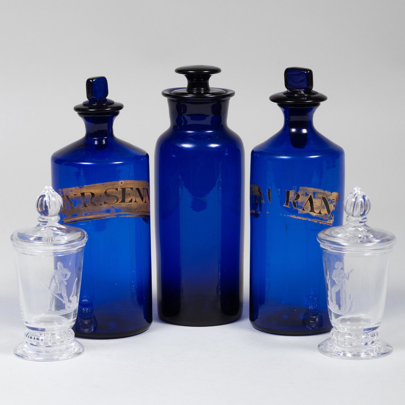Three Blue Glass Apothecary Jars and a Pair of Steuben (1 of 16)