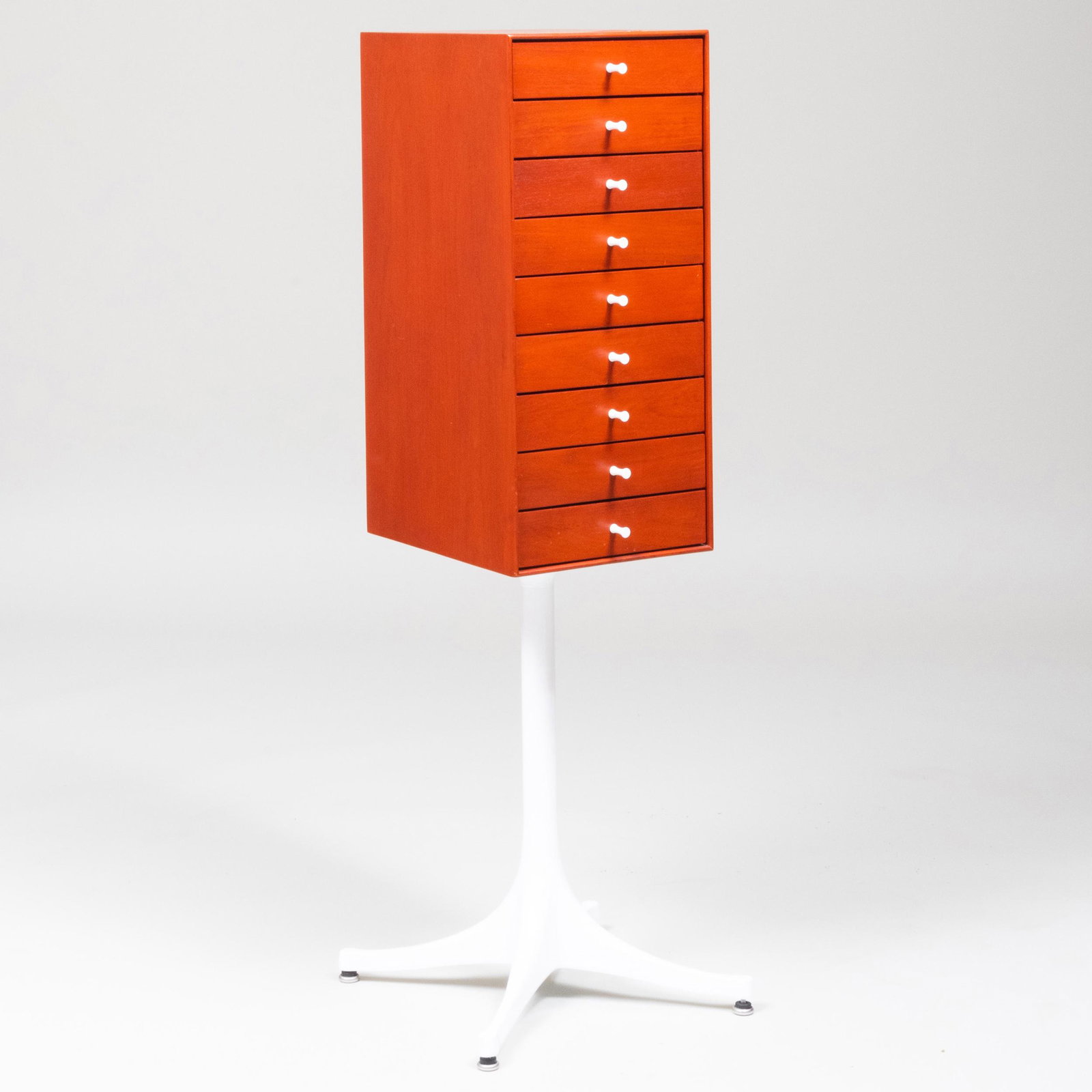 George Nelson for Herman Miller Painted Wood and Powder: George Nelson for Herman Miller Painted Wood and Powder Coated Metal Cabinet on Stand With label. 44 x 14 x 14 in.