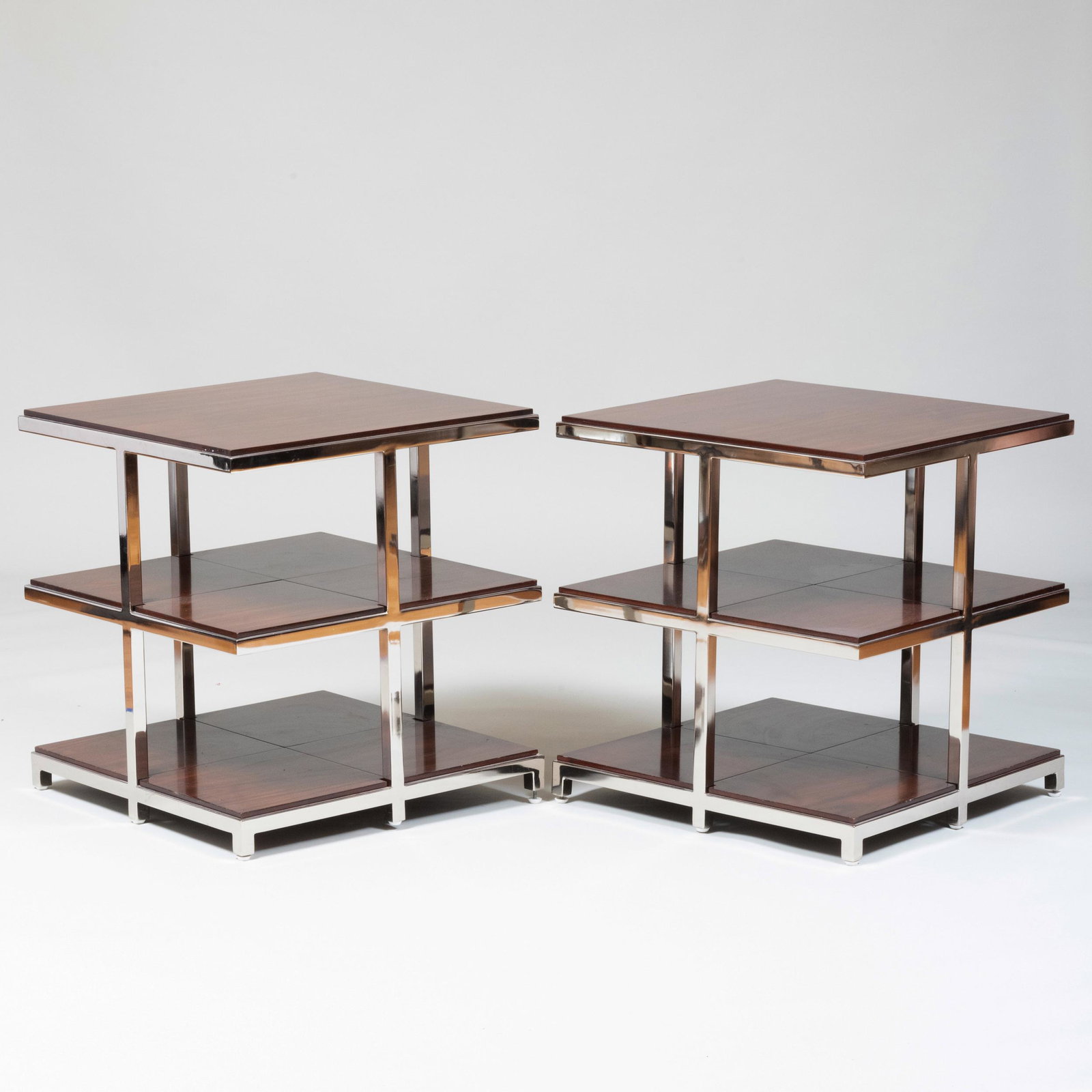Pair of Modern Chrome and Rosewood Two-Tiered Side: Pair of Modern Chrome and Rosewood Two-Tiered Side Tables 25 1/2 x 24 x 24 in.