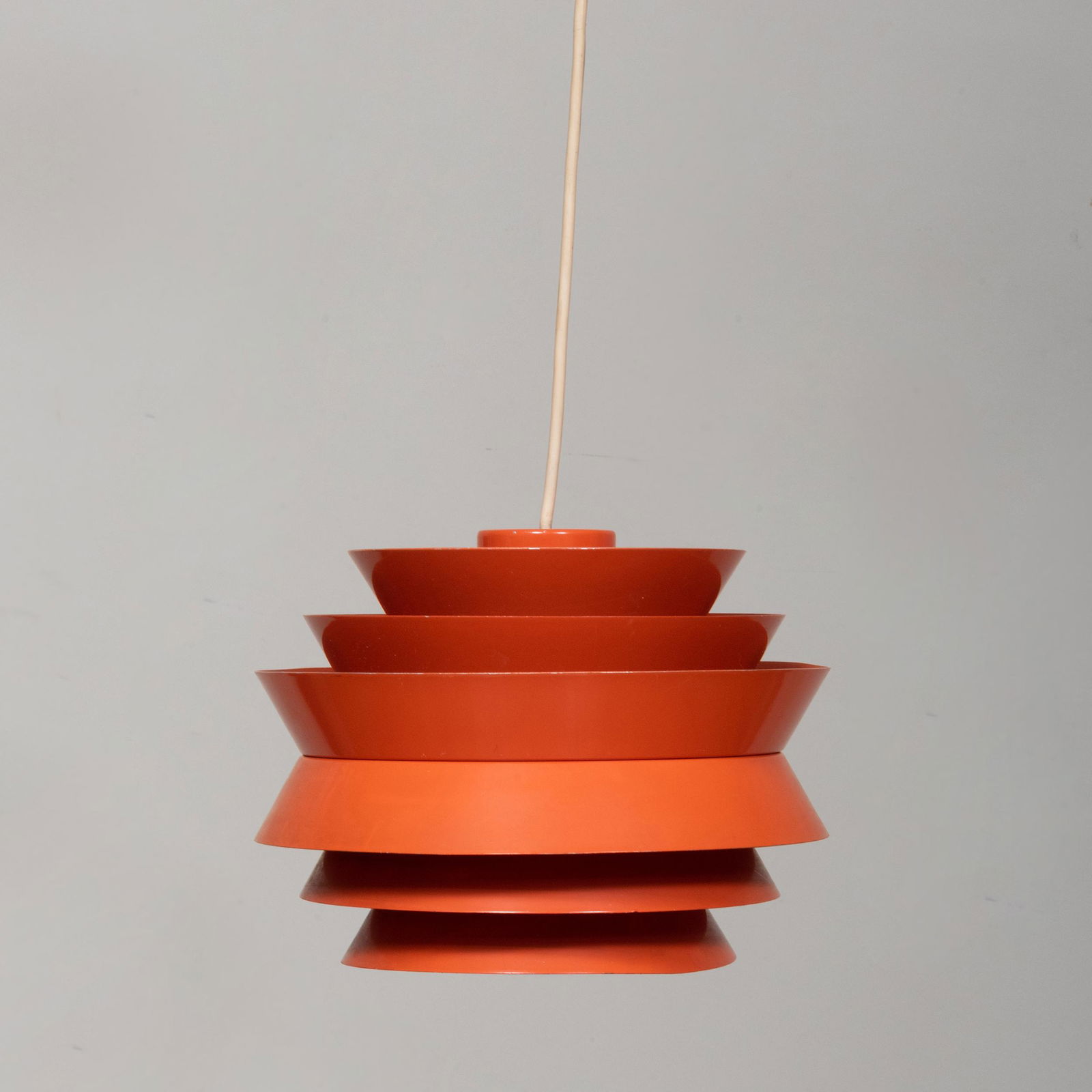 Carl Thore Orange Enameled Metal Pendant Light: Carl Thore Orange Enameled Metal Pendant Light With label. The light 6 1/2 x 9 in. diam.