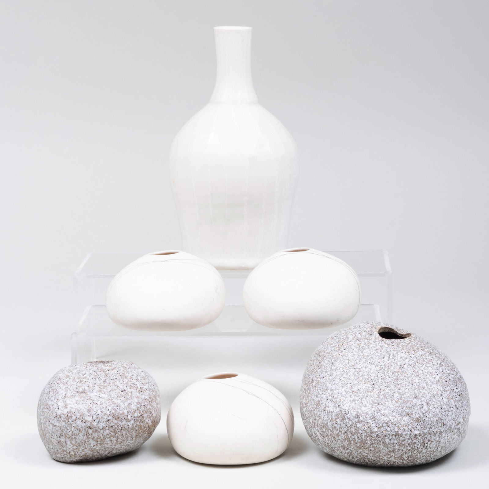Group of Six Modern Porcelain Vases: Group of Six Modern Porcelain Vases Comprising: A bottle vase Two faux granite vases Three oval vases The bottle vase 8 1/2 x 4 1/2 in. diam.