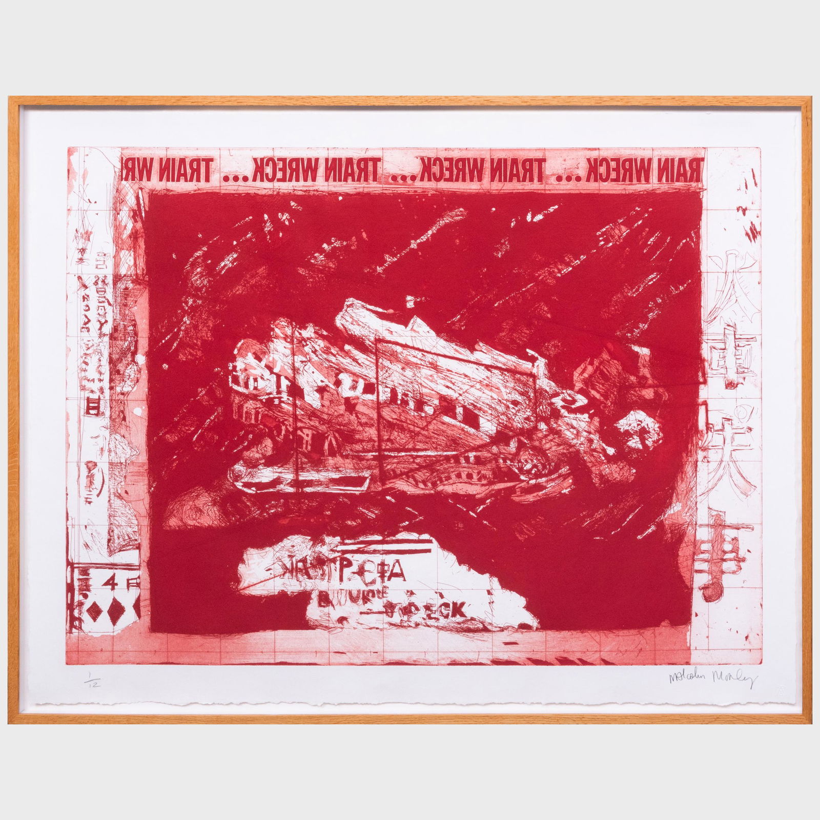 Malcolm Morley (b. 1931): Train Wreck: Malcolm Morley (b. 1931): Train Wreck Etching and aquatint in red on wove paper, 1981, signed in pencil, numbered 1/12, with label from Museum of Fine Arts, Boston and Williams College Museum of Art.
